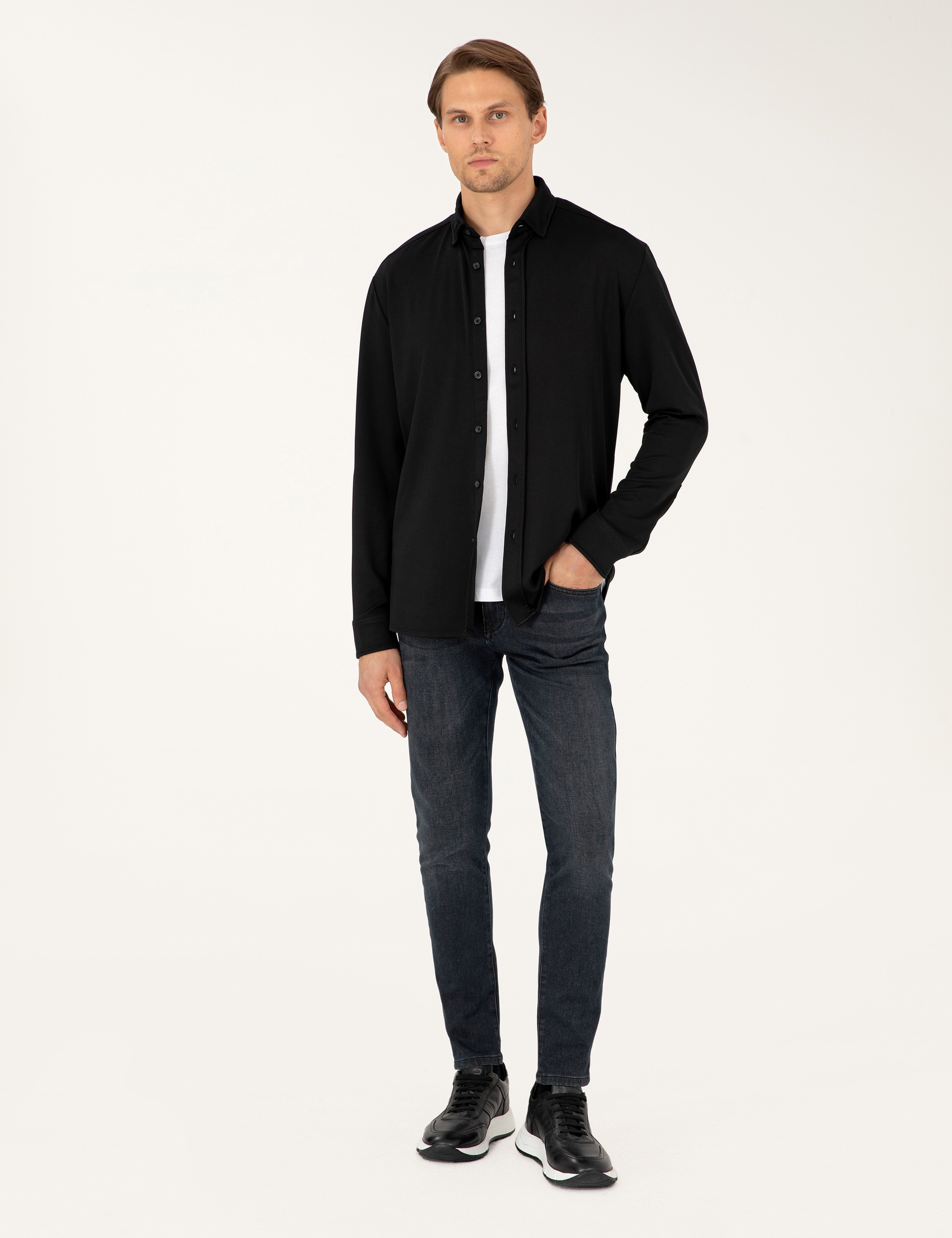 Siyah Slim Fit Örme Gömlek