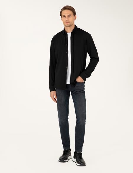 Siyah Slim Fit Örme Gömlek - 50293240021