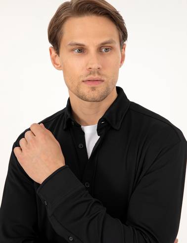Siyah Slim Fit Örme Gömlek