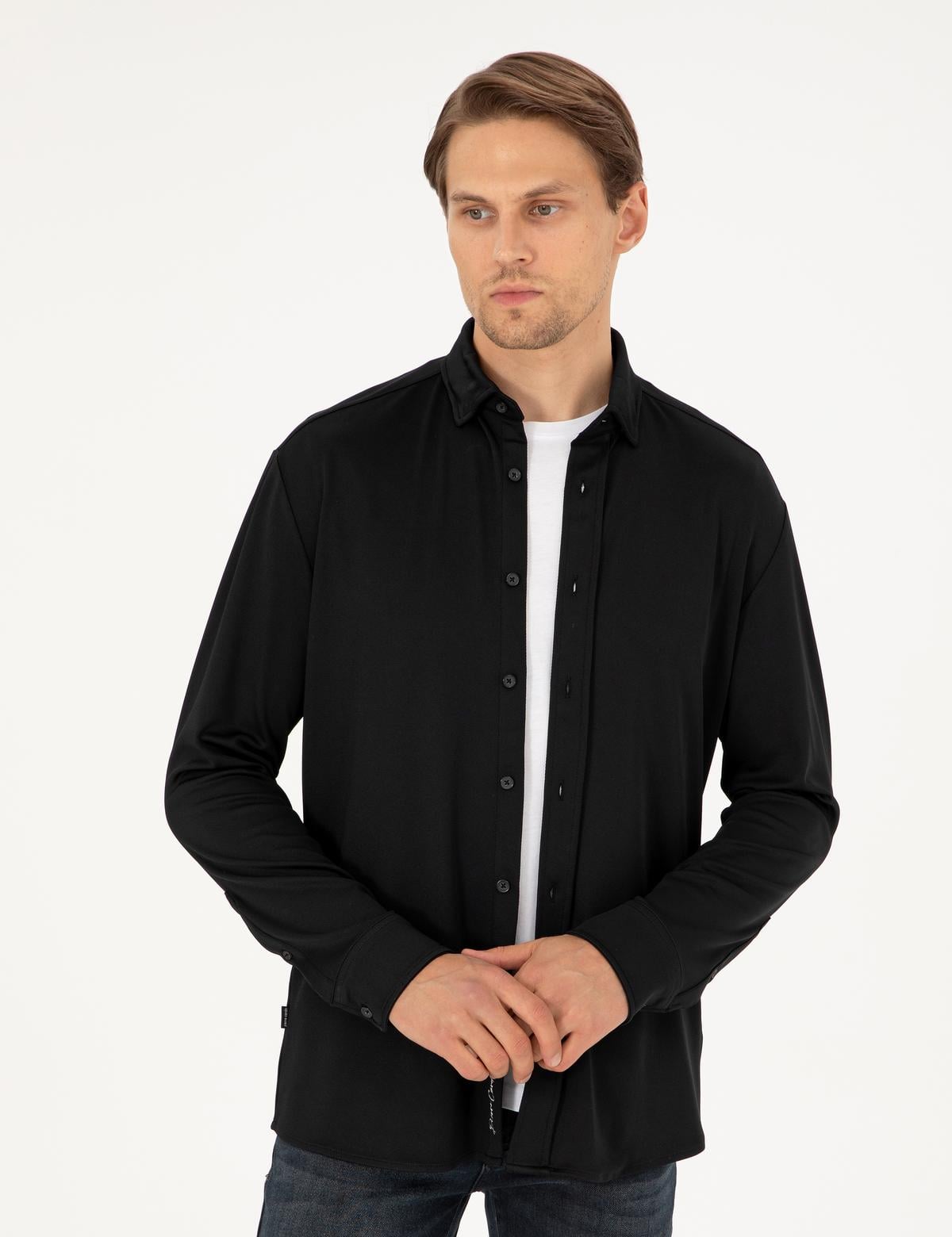 Siyah Slim Fit Örme Gömlek