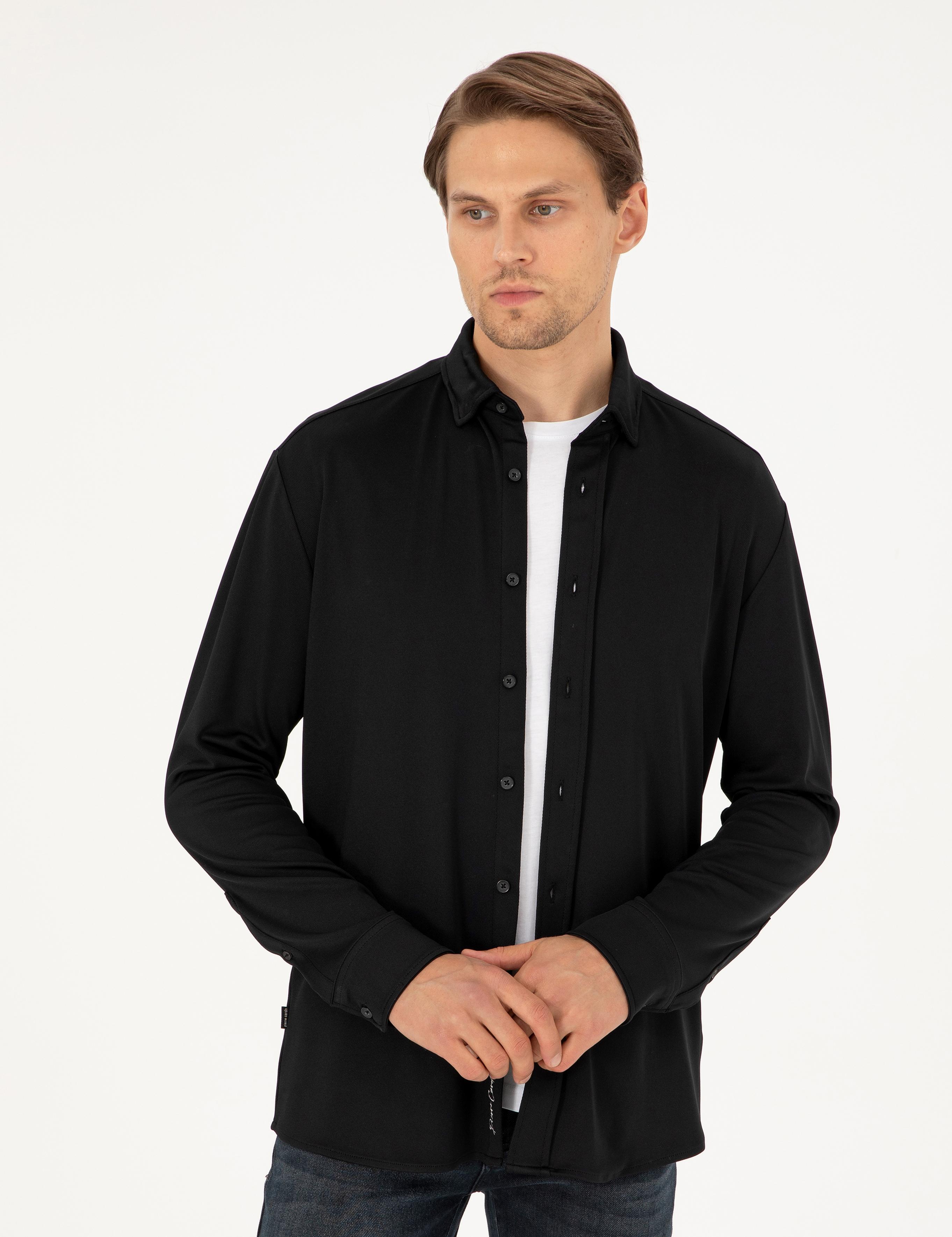 Siyah Slim Fit Örme Gömlek
