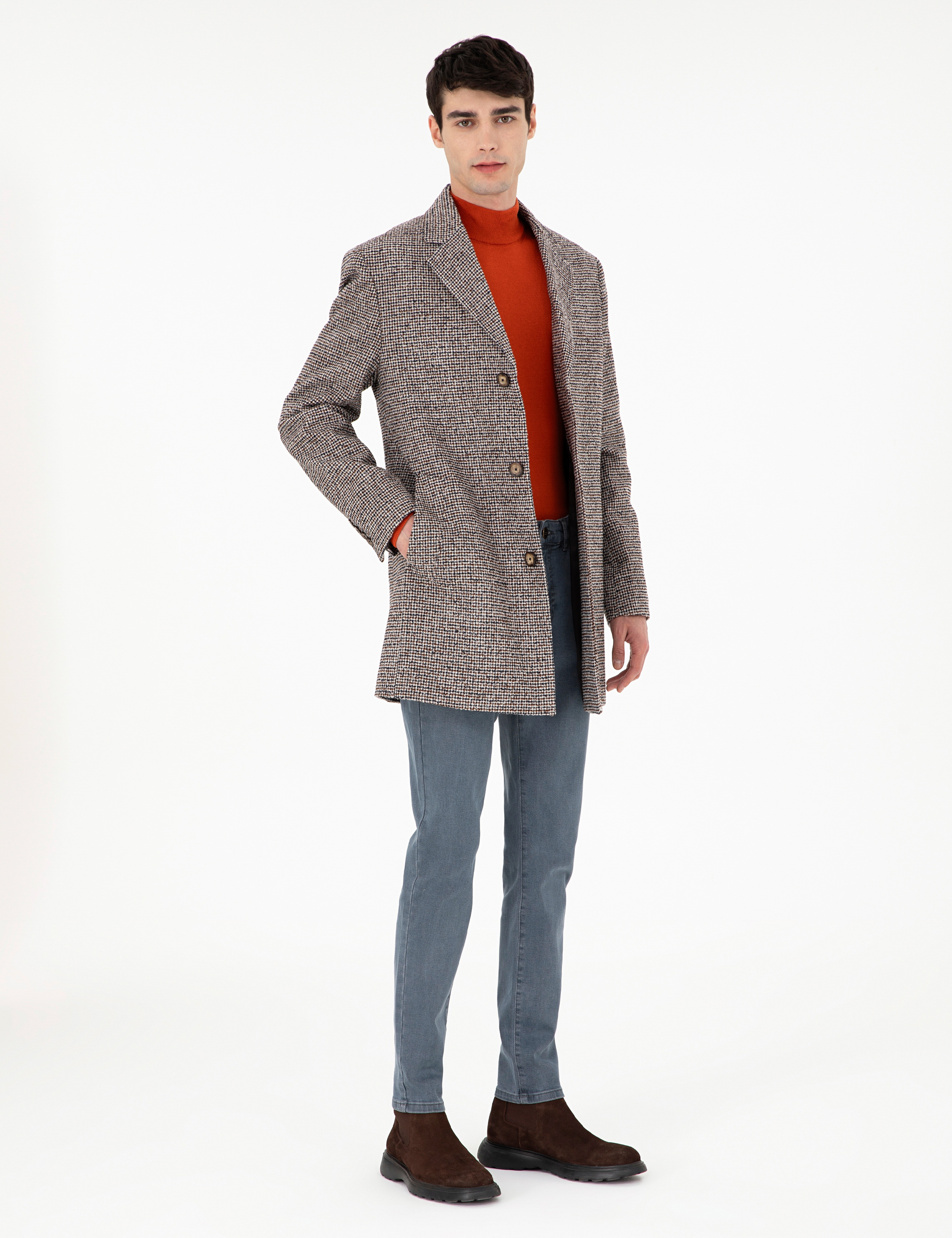 Kahverengi Slim Fit Kaşe Kaban - Image 4
