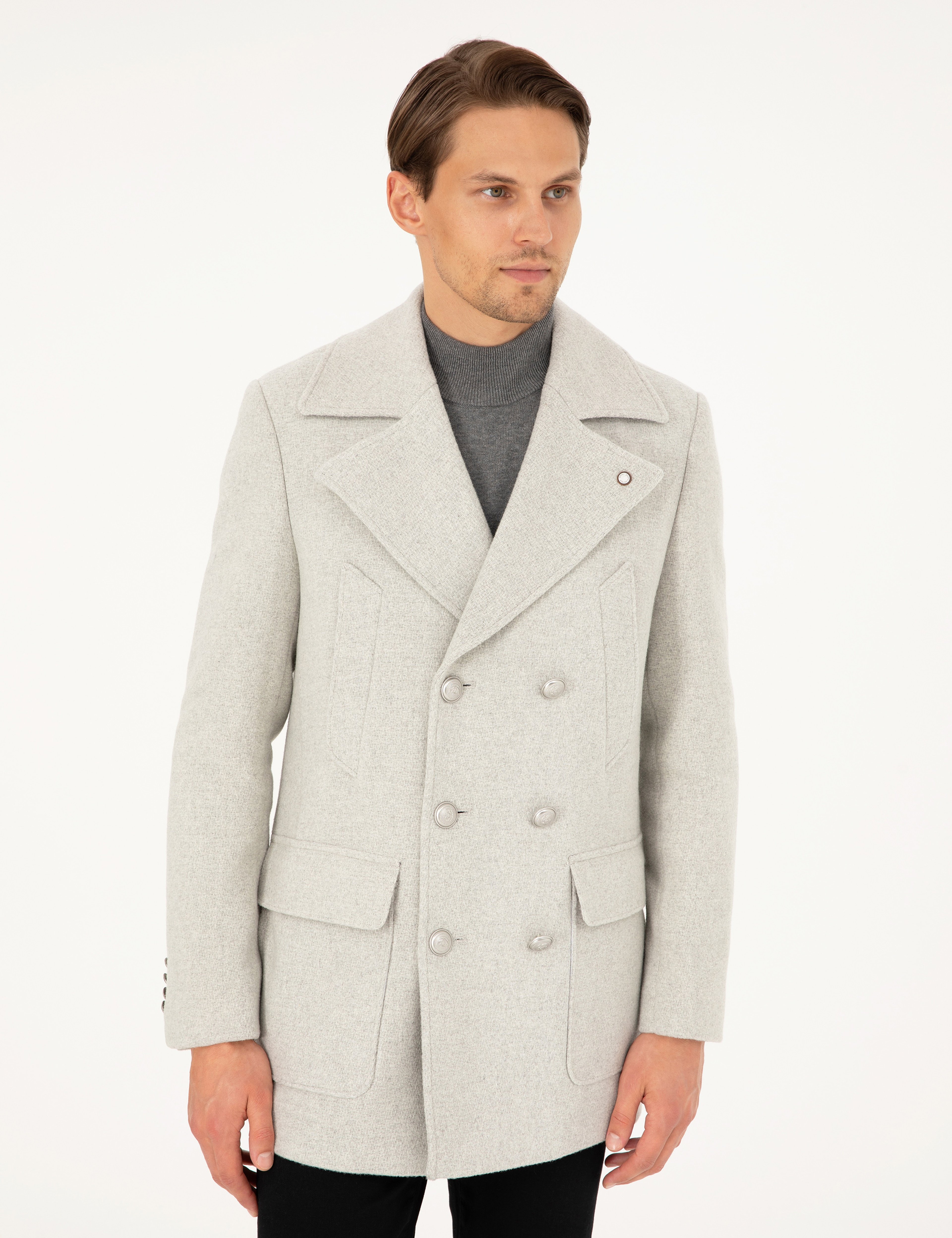 Açık Gri Ex. Slim Fit Yün Karışımlı Kruvaze Kaşe Kaban - Image 3
