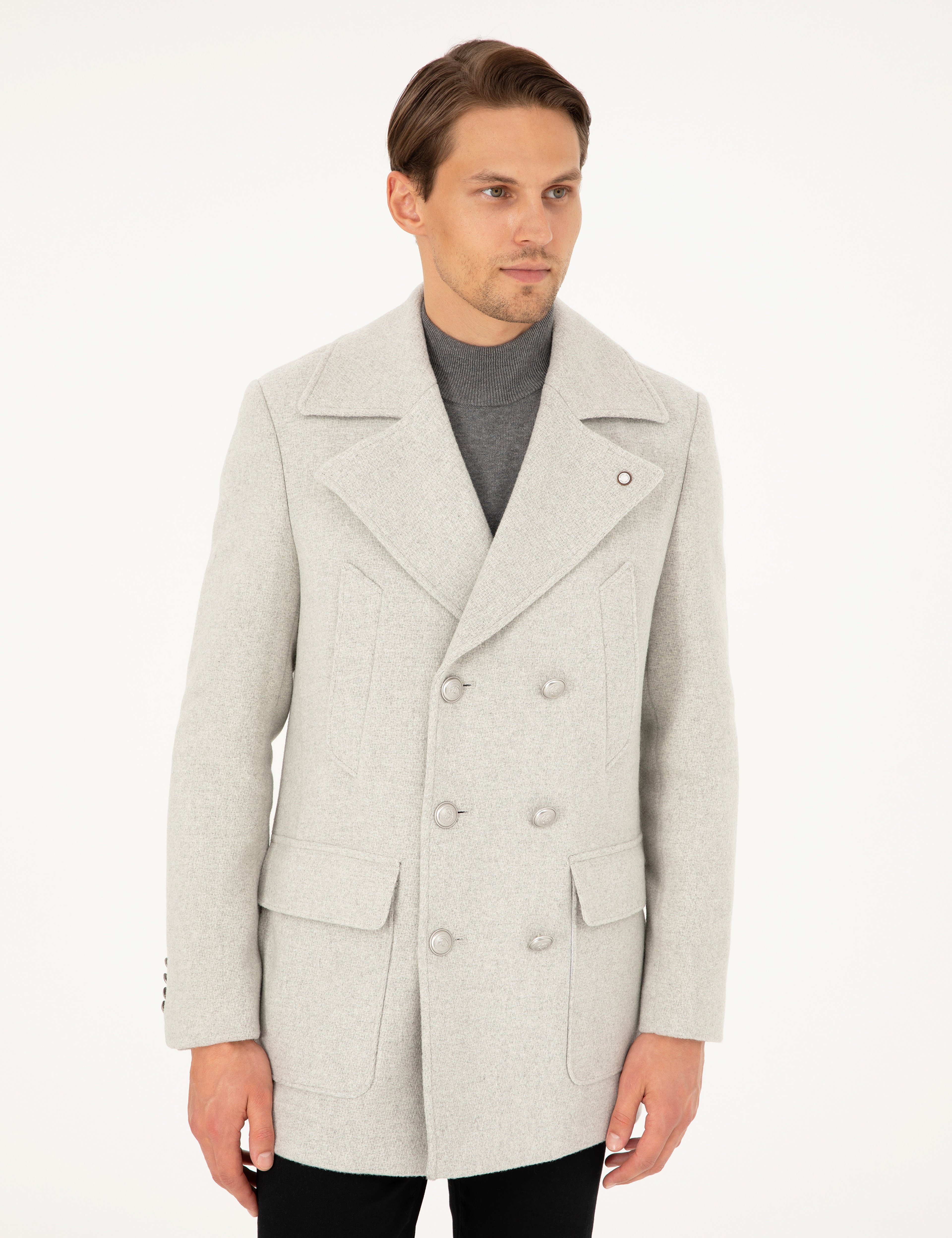 Açık Gri Ex. Slim Fit Yün Karışımlı Kruvaze Kaşe Kaban