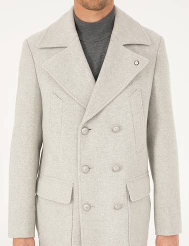 Açık Gri Ex. Slim Fit Yün Karışımlı Kruvaze Kaşe Kaban