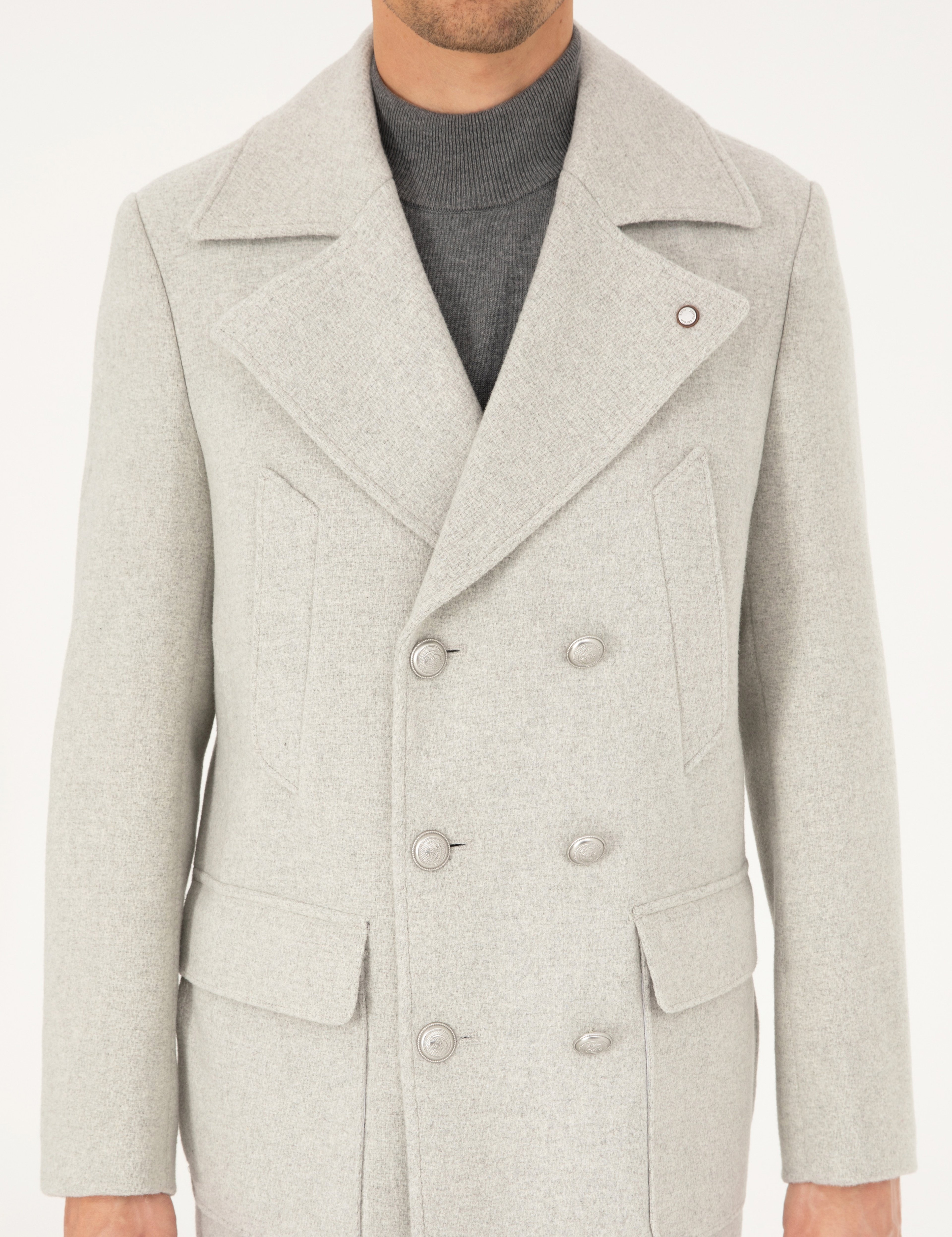 Açık Gri Ex. Slim Fit Yün Karışımlı Kruvaze Kaşe Kaban - Image 7