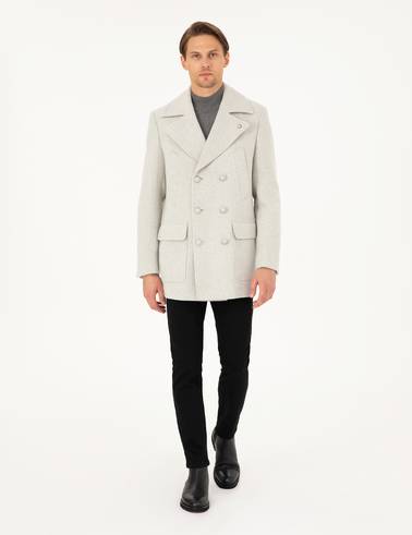 Açık Gri Ex. Slim Fit Yün Karışımlı Kruvaze Kaşe Kaban