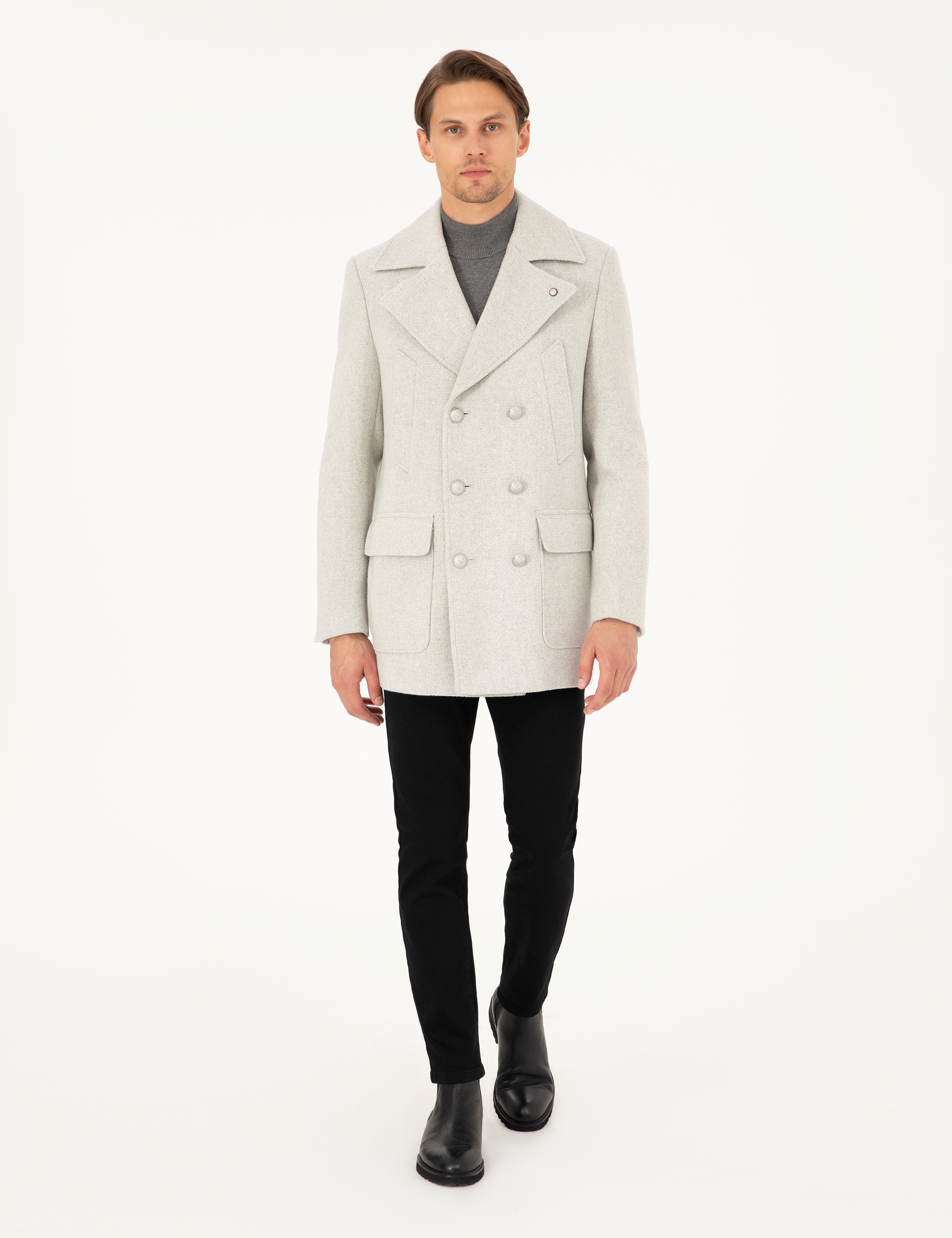 Açık Gri Ex. Slim Fit Yün Karışımlı Kruvaze Kaşe Kaban