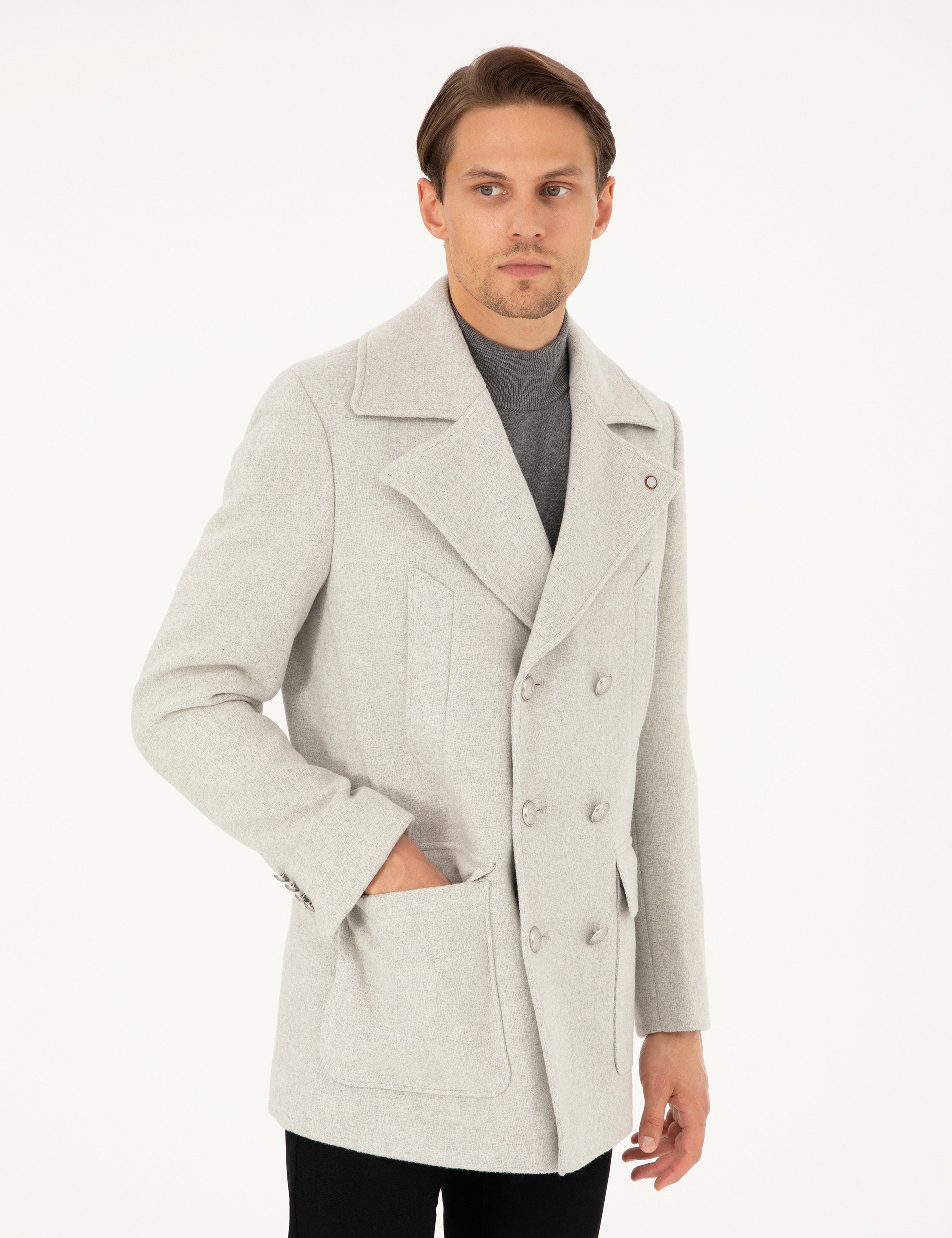 Açık Gri Ex. Slim Fit Yün Karışımlı Kruvaze Kaşe Kaban