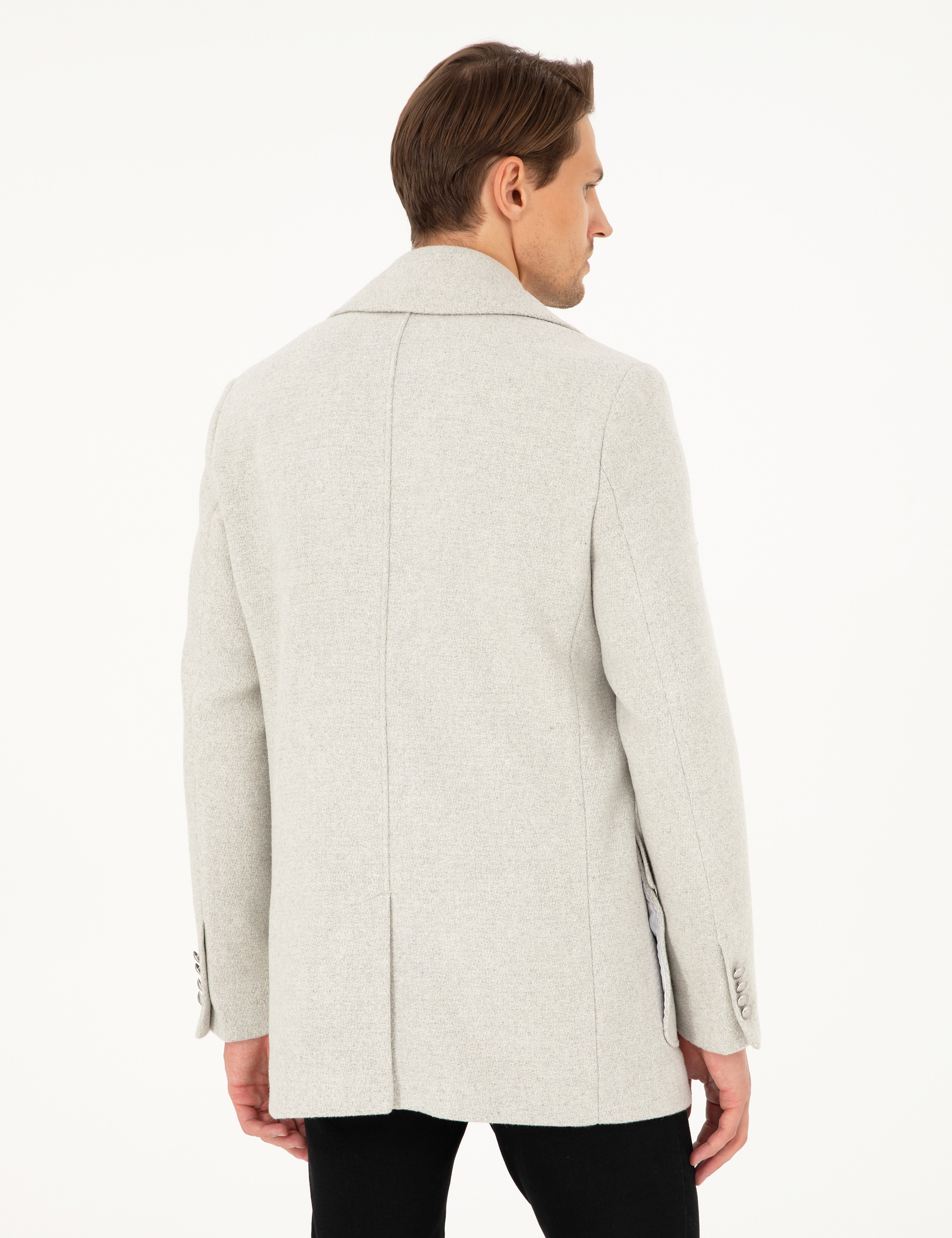 Açık Gri Ex. Slim Fit Yün Karışımlı Kruvaze Kaşe Kaban - Image 5