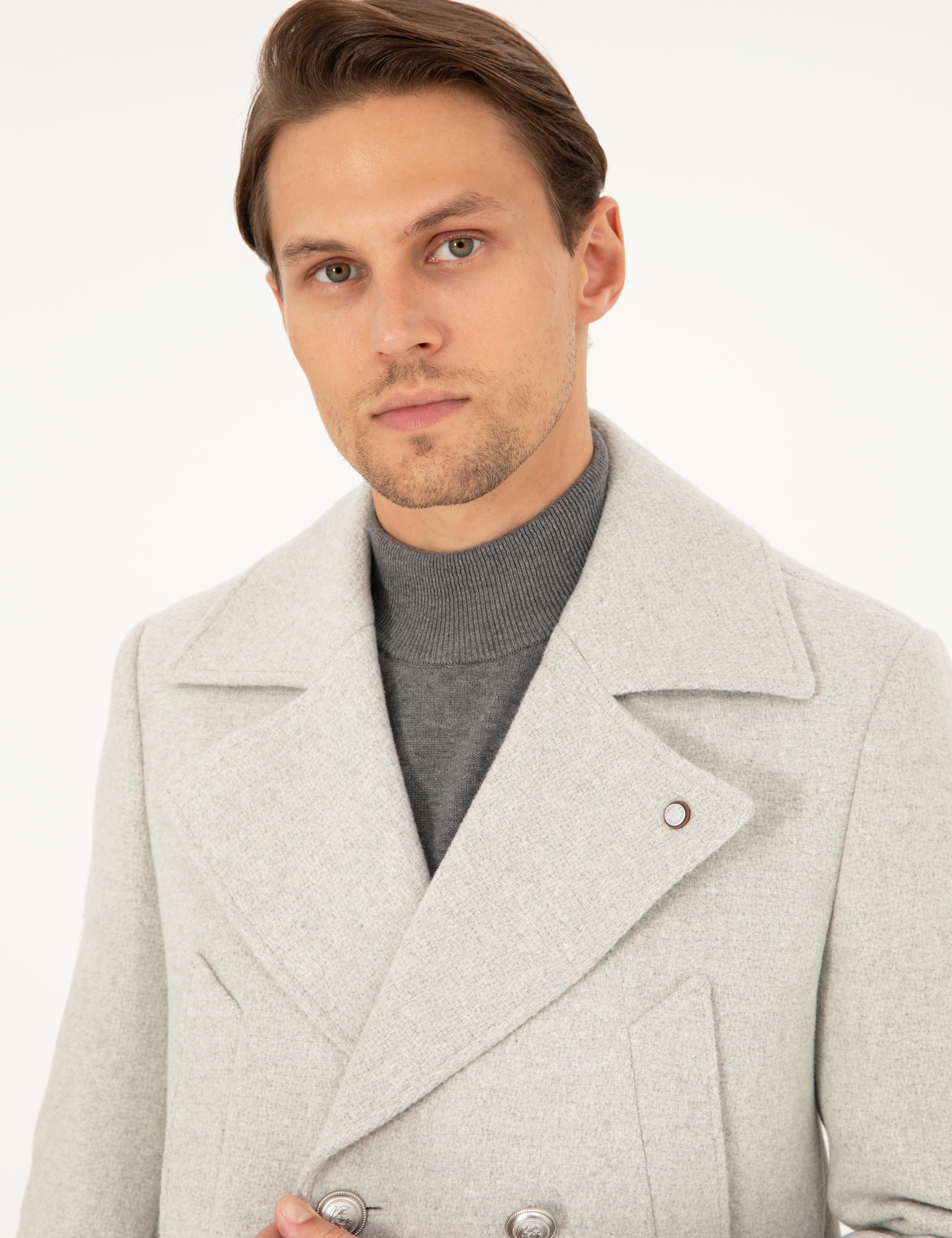 Açık Gri Ex. Slim Fit Yün Karışımlı Kruvaze Kaşe Kaban