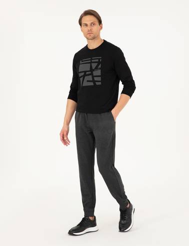 Antrasit Melanj Slim Fit 3 İplik Paçası Lastikli Eşofman Altı