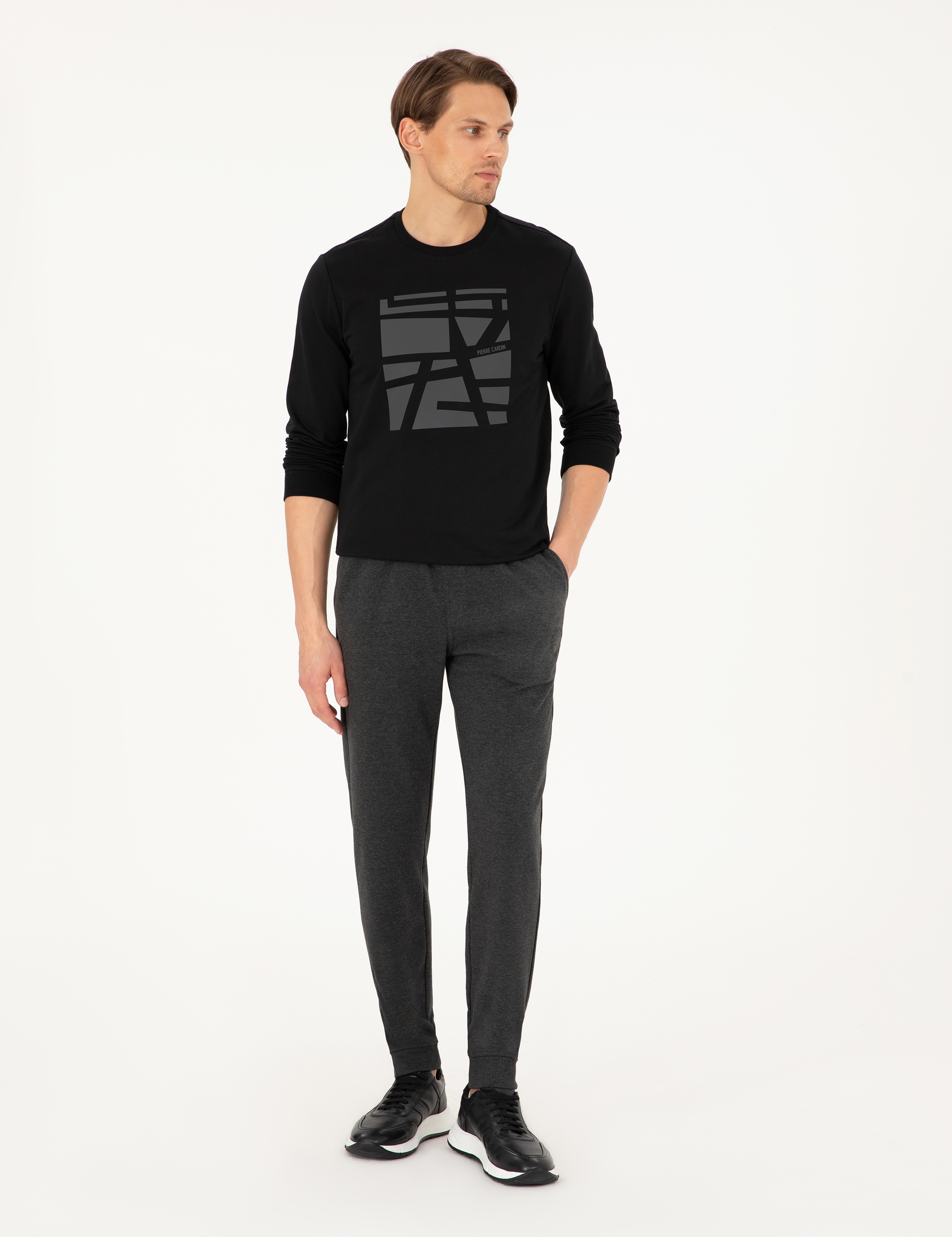 Antrasit Melanj Slim Fit 3 İplik Paçası Lastikli Eşofman Altı - Image 1