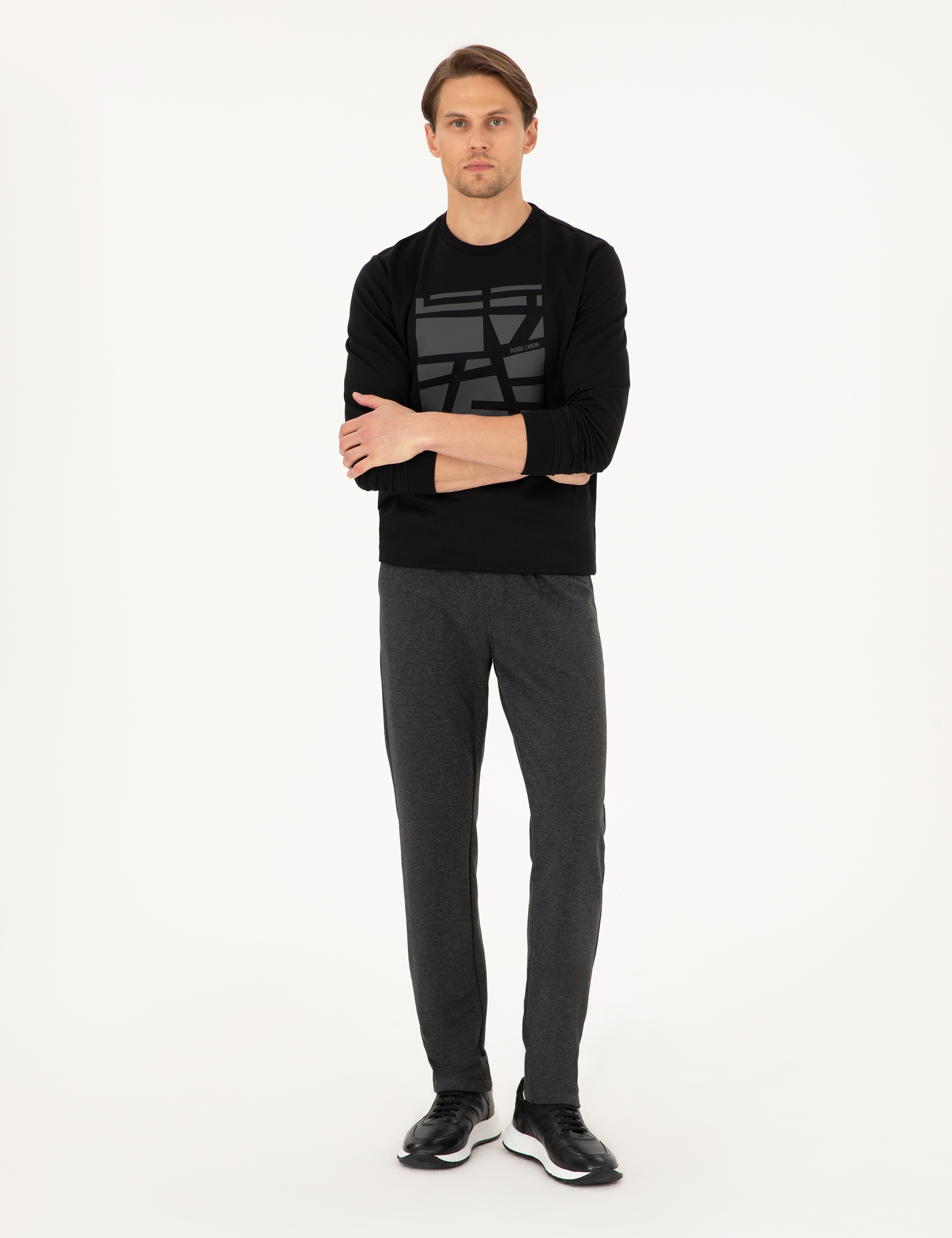 Antrasit Melanj Slim Fit 3 İplik Düz Paça Eşofman Altı