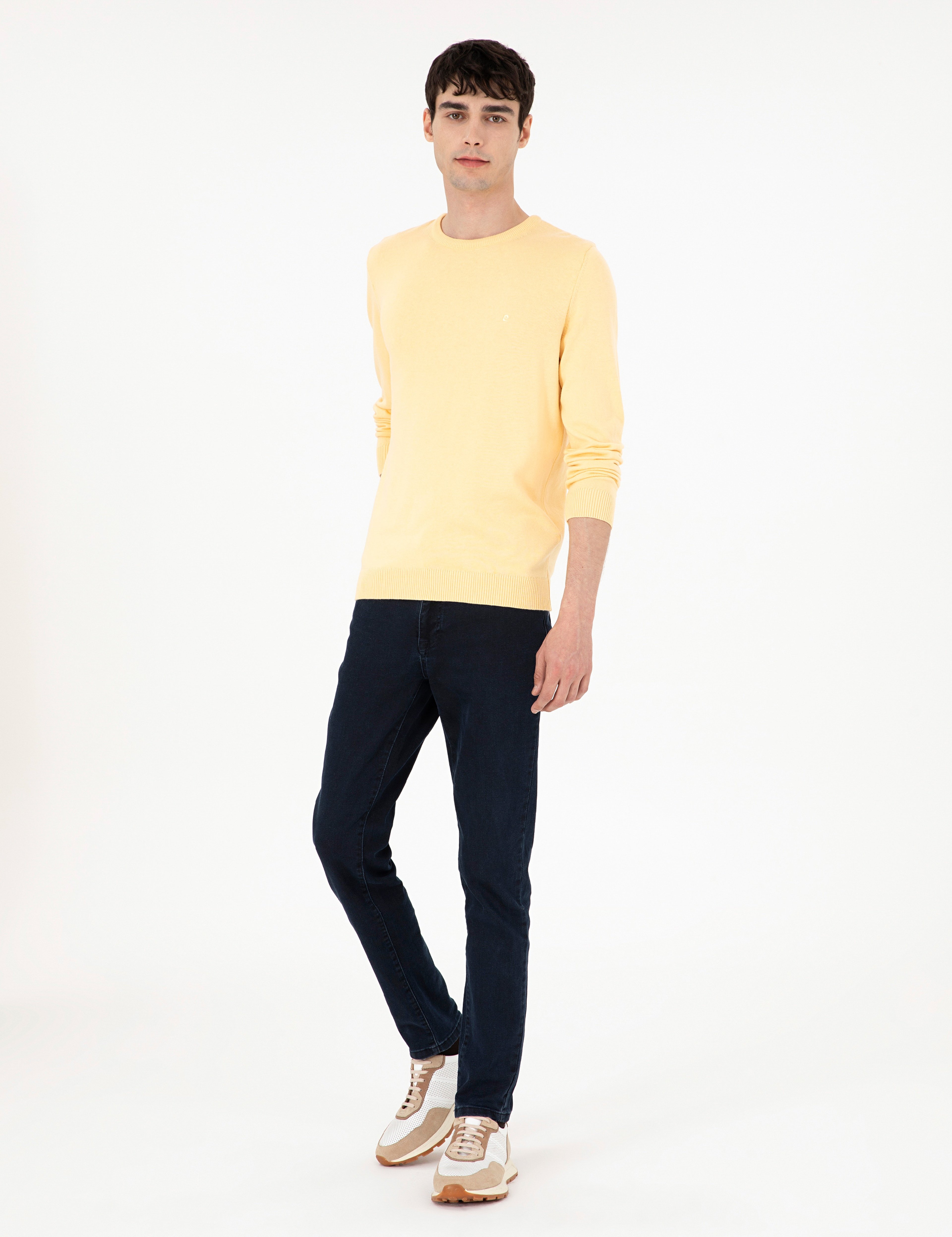 Açık Sarı Slim Fit Bisiklet Yaka Basic Triko Kazak - Image 4