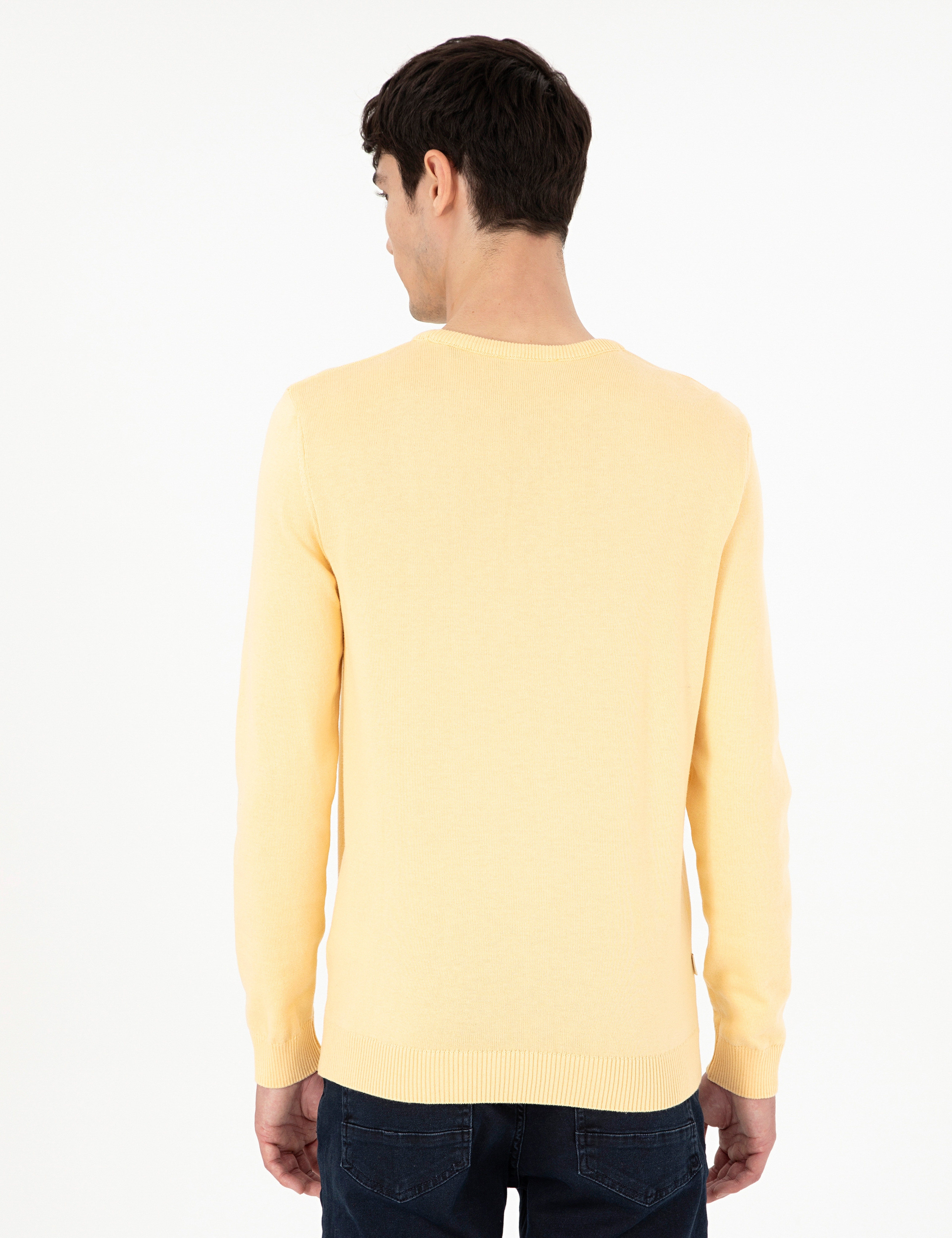 Açık Sarı Slim Fit Bisiklet Yaka Basic Triko Kazak