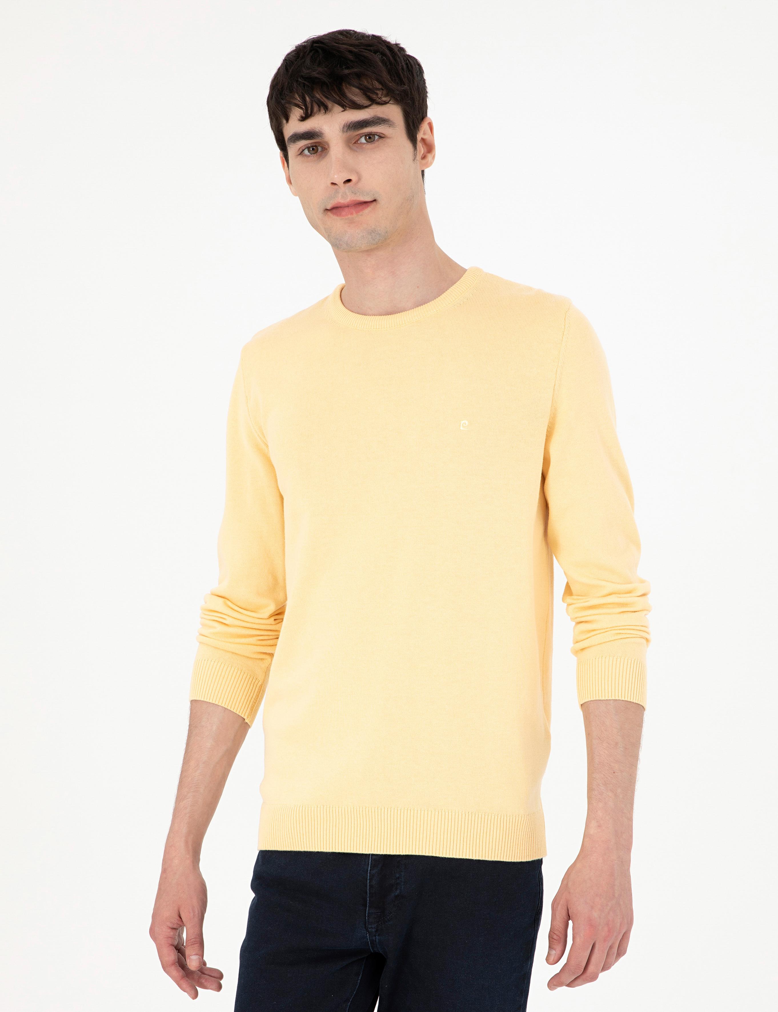 Açık Sarı Slim Fit Bisiklet Yaka Basic Triko Kazak