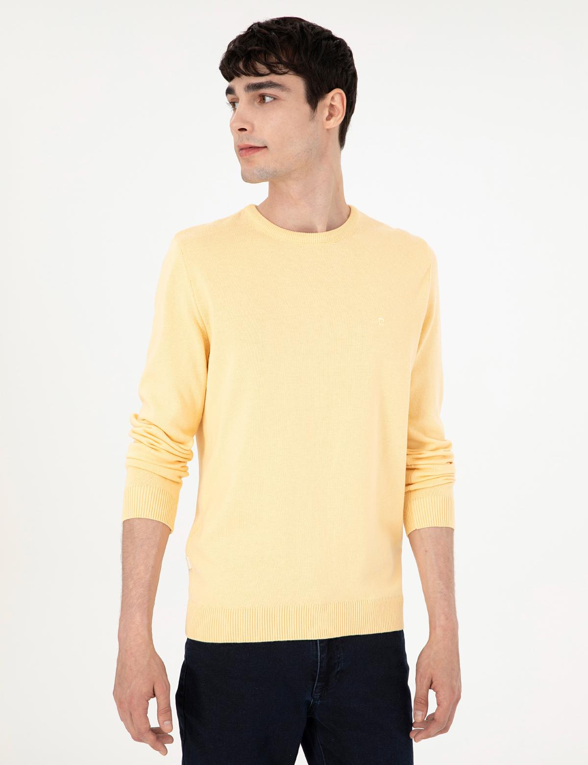 Açık Sarı Slim Fit Bisiklet Yaka Basic Triko Kazak - 50296575011