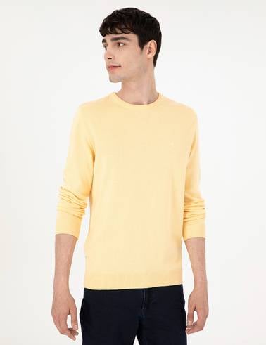 Açık Sarı Slim Fit Bisiklet Yaka Basic Triko Kazak