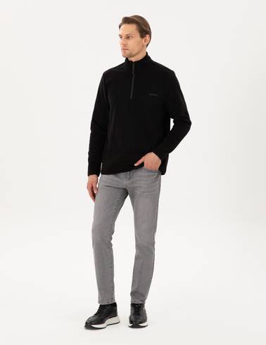 Siyah Regular Fit Yarım Fermuarlı Polar Sweatshirt