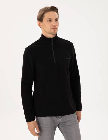 Siyah Regular Fit Yarım Fermuarlı Polar Sweatshirt