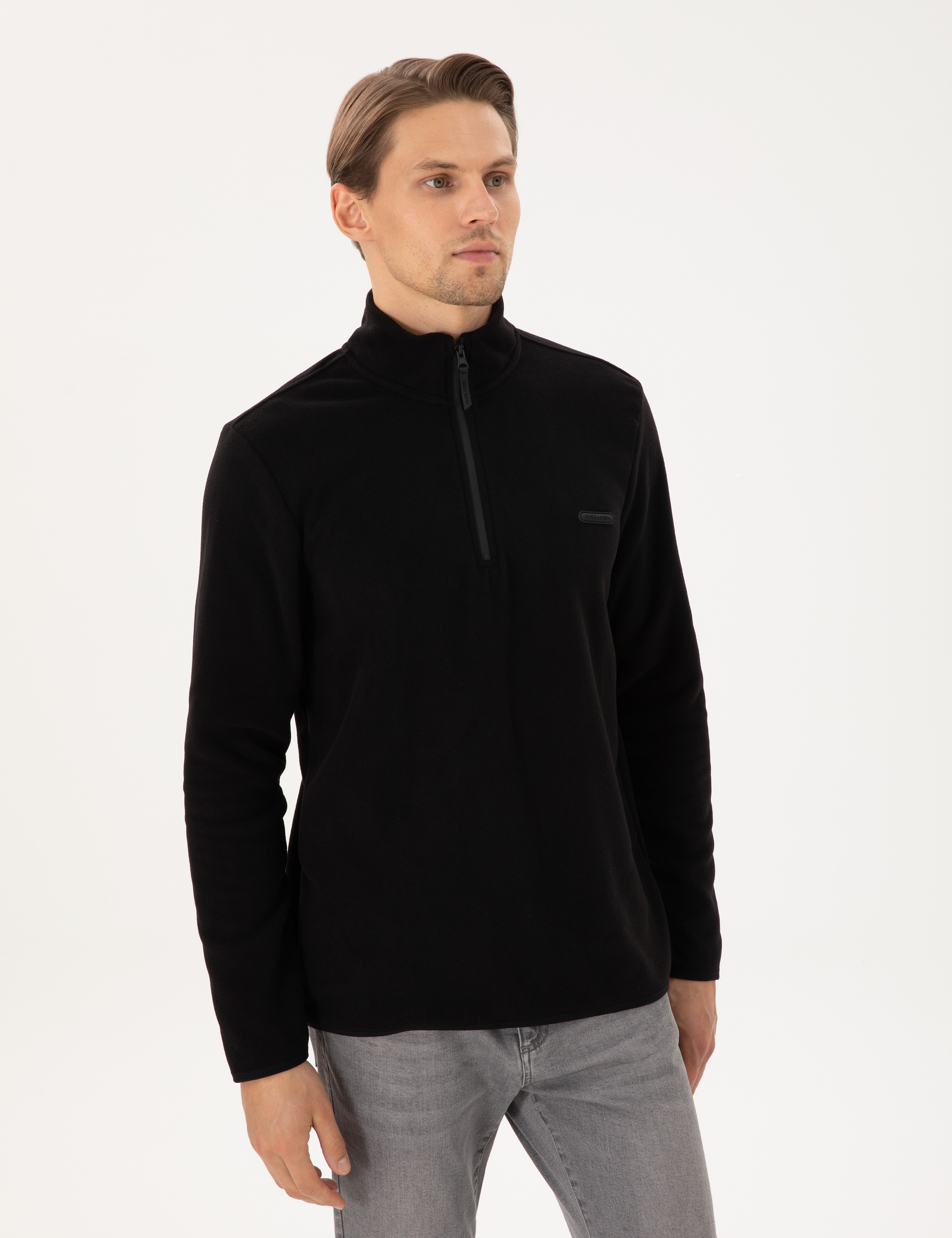 Siyah Regular Fit Yarım Fermuarlı Polar Sweatshirt - Image 3