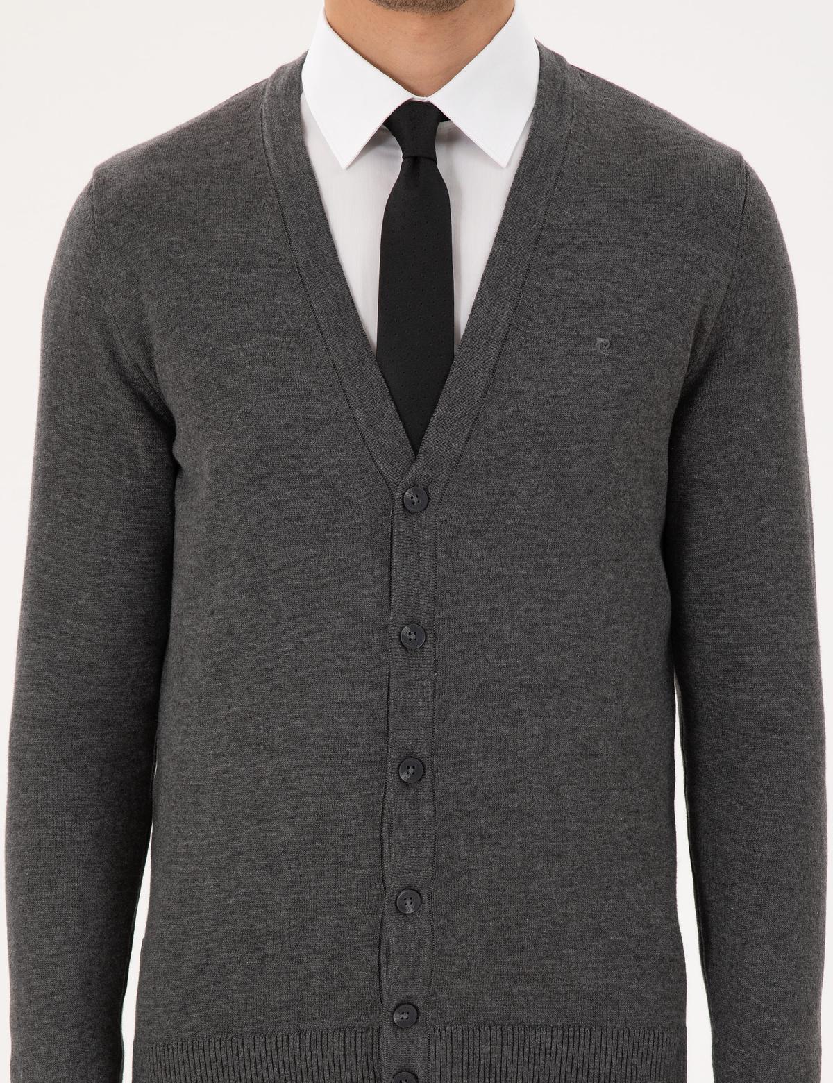 Gri Melanj Slim Fit Basic Düğmeli Triko Hırka - 50300523028