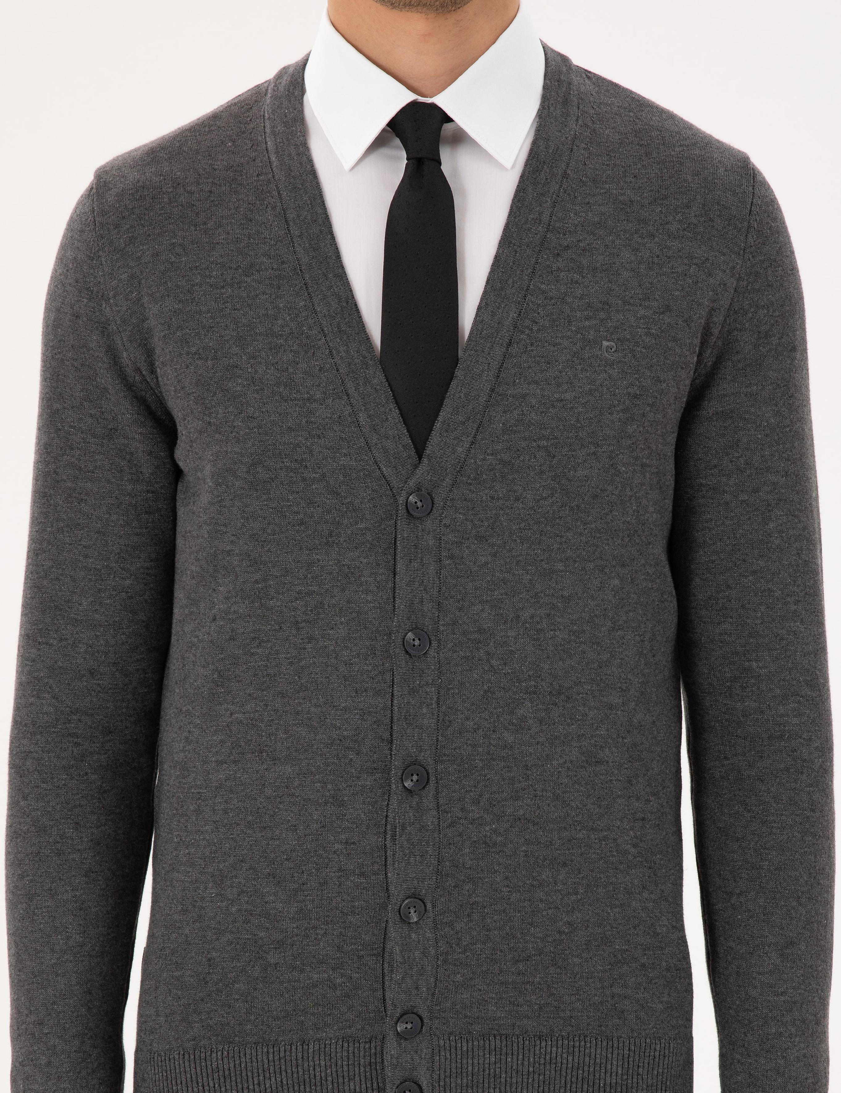 Gri Melanj Slim Fit Basic Düğmeli Triko Hırka