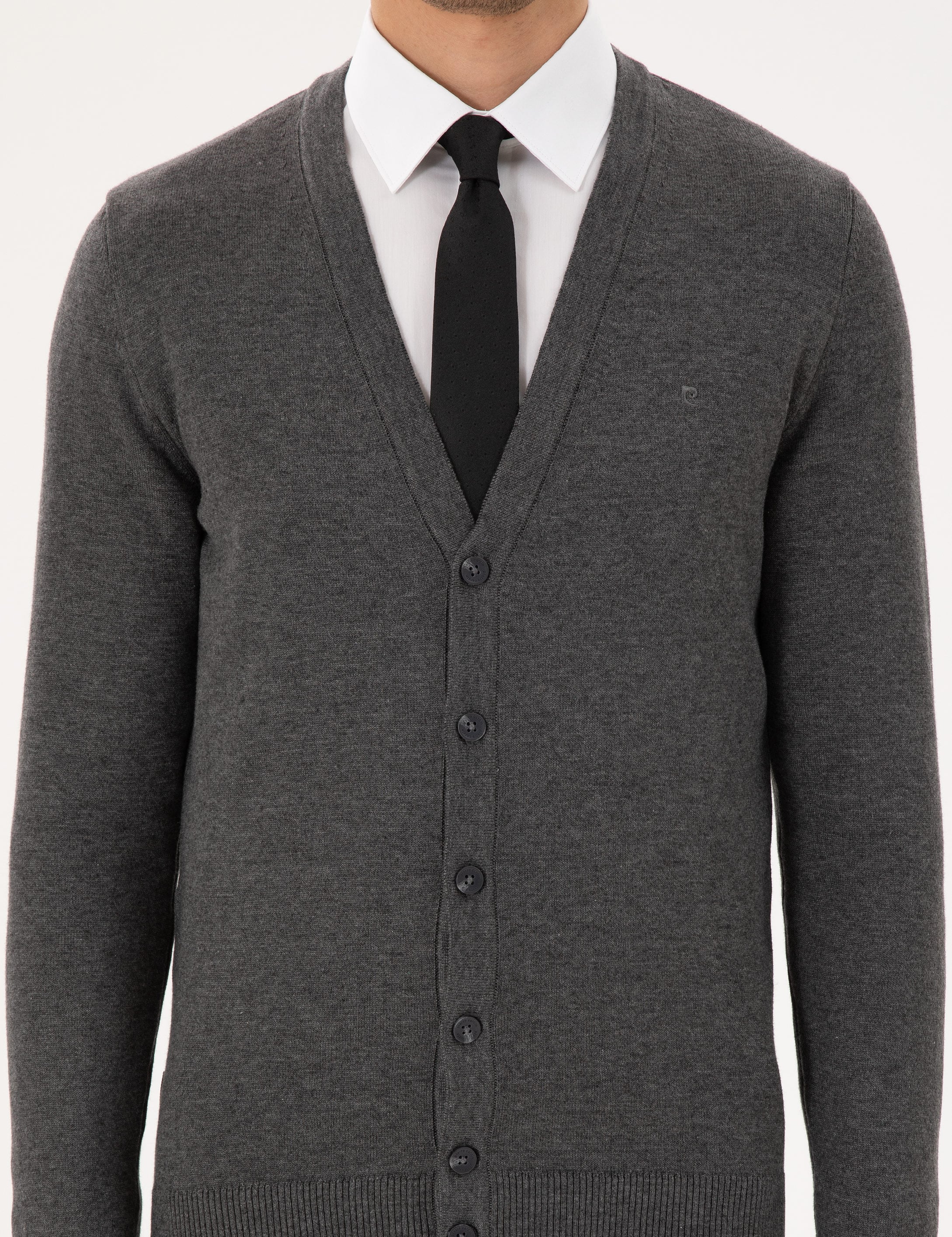 Gri Melanj Slim Fit Basic Düğmeli Triko Hırka