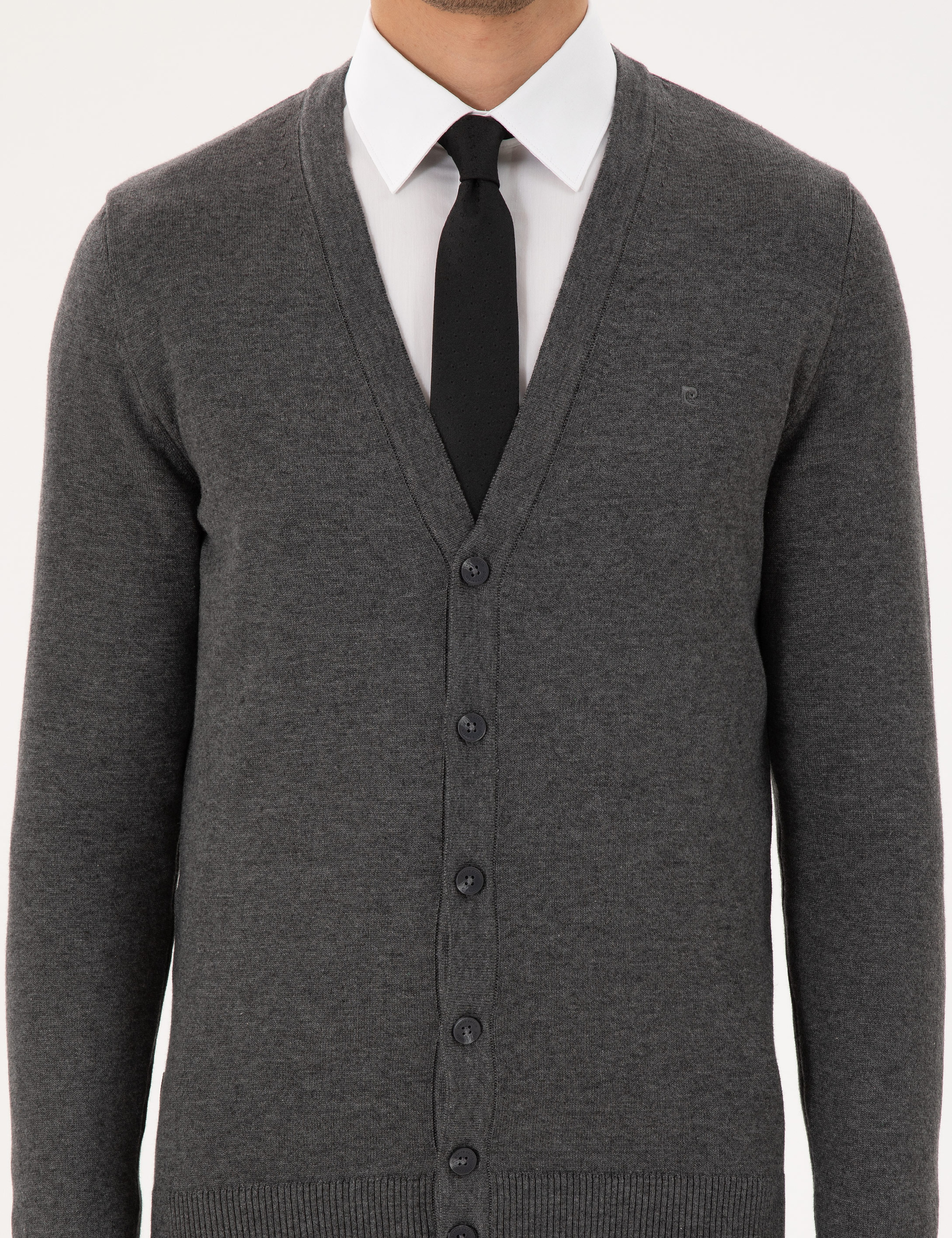 Gri Melanj Slim Fit Basic Düğmeli Triko Hırka - Image 6