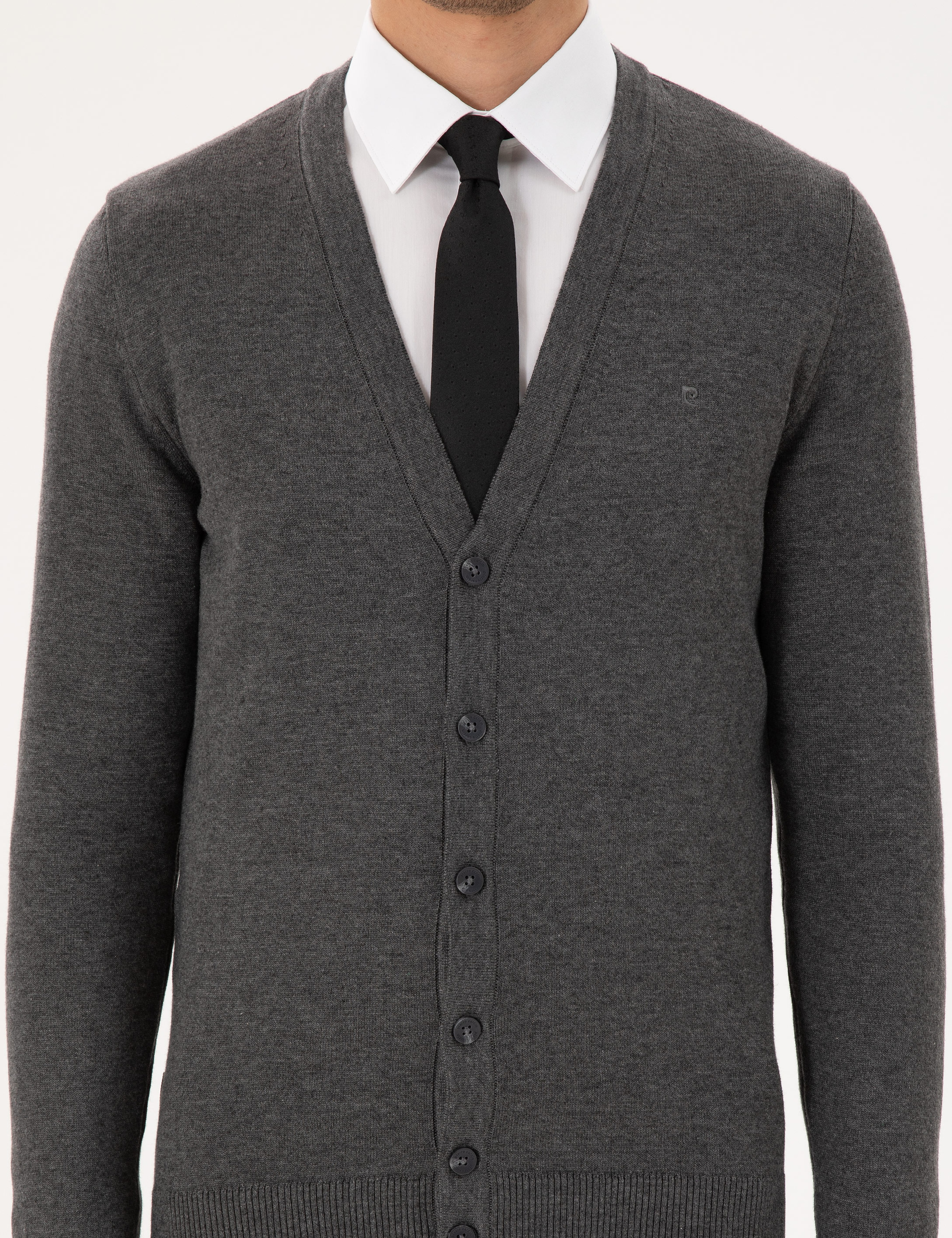Gri Melanj Slim Fit Basic Düğmeli Triko Hırka