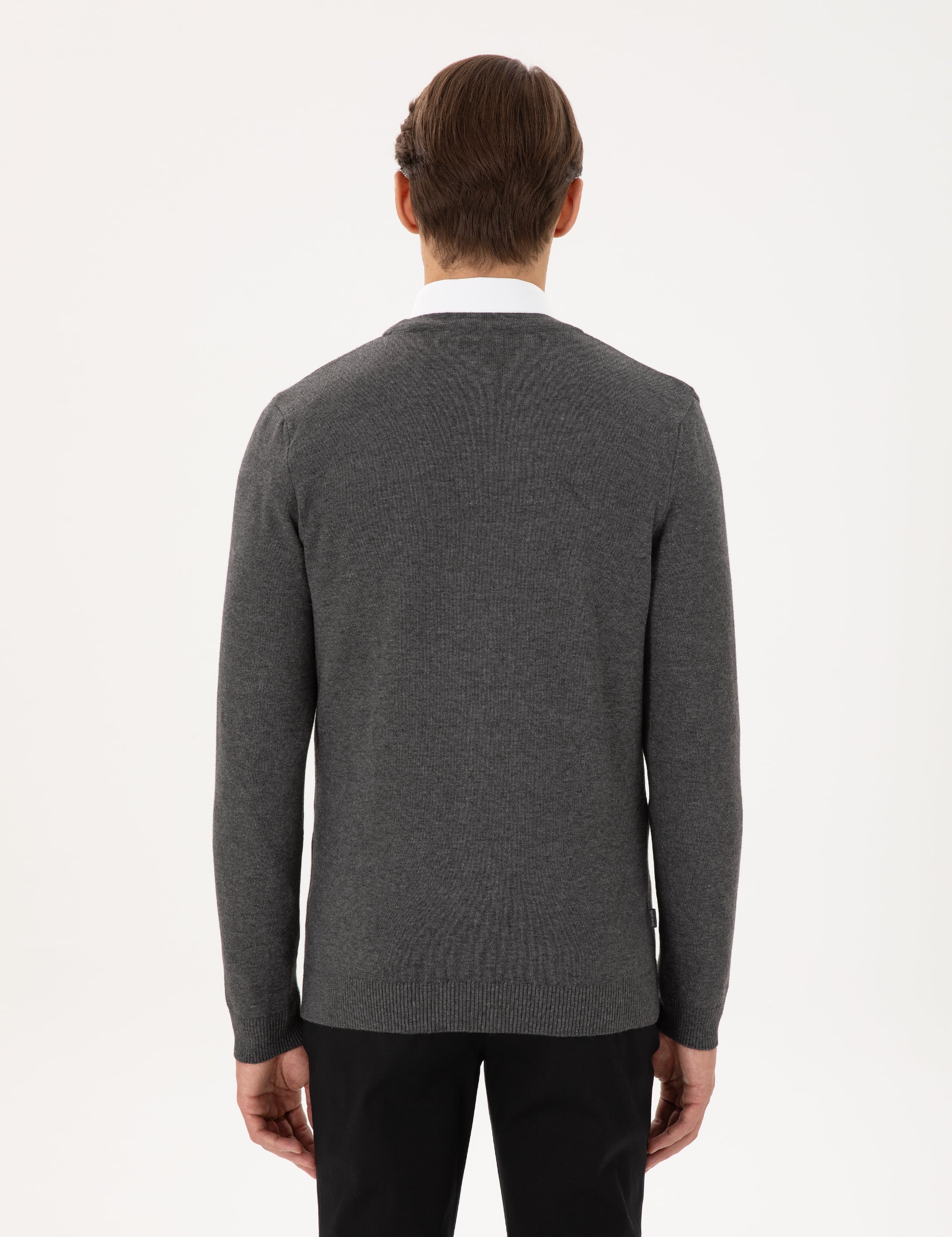 Gri Melanj Slim Fit Basic Düğmeli Triko Hırka