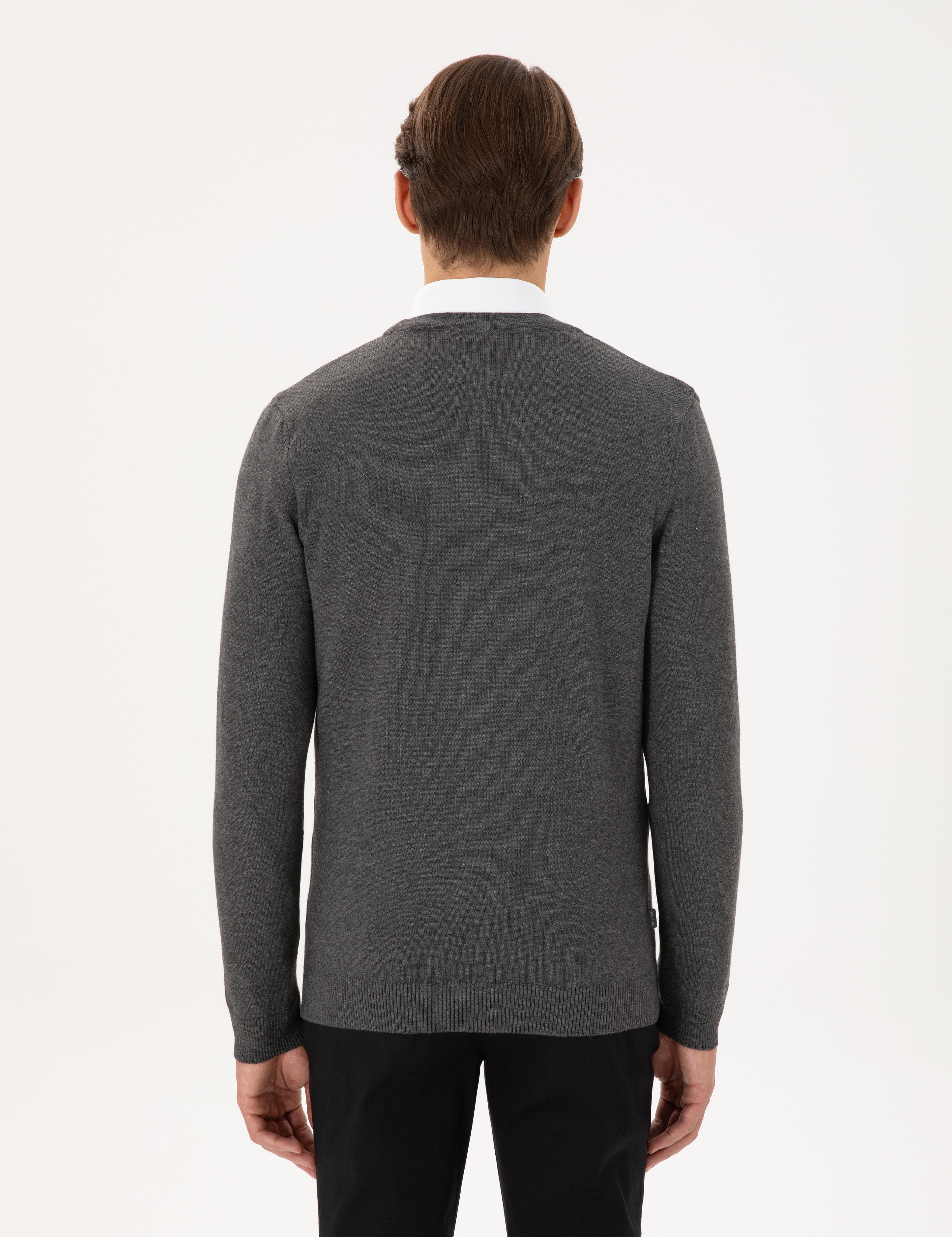Gri Melanj Slim Fit Basic Düğmeli Triko Hırka - Image 5