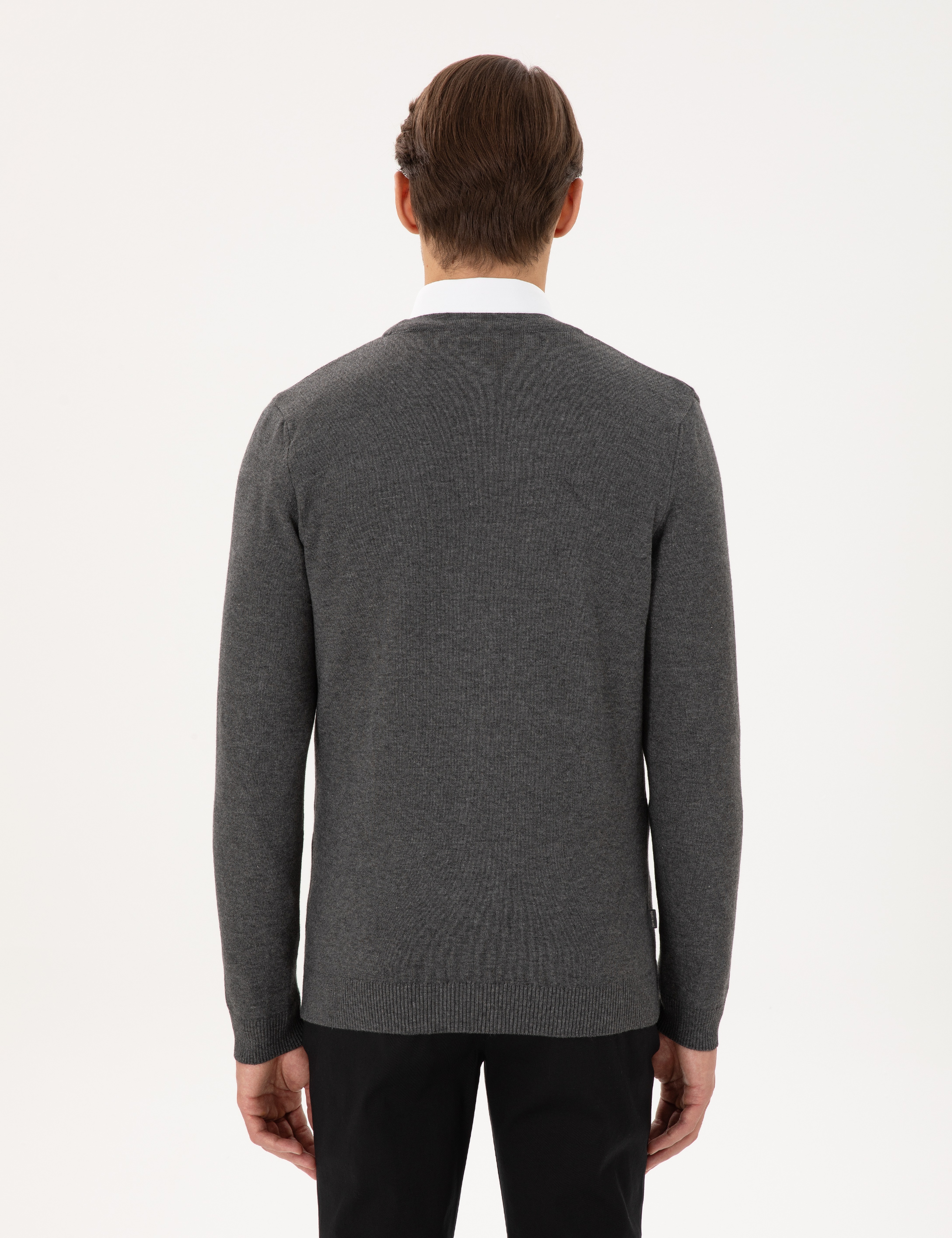 Gri Melanj Slim Fit Basic Düğmeli Triko Hırka