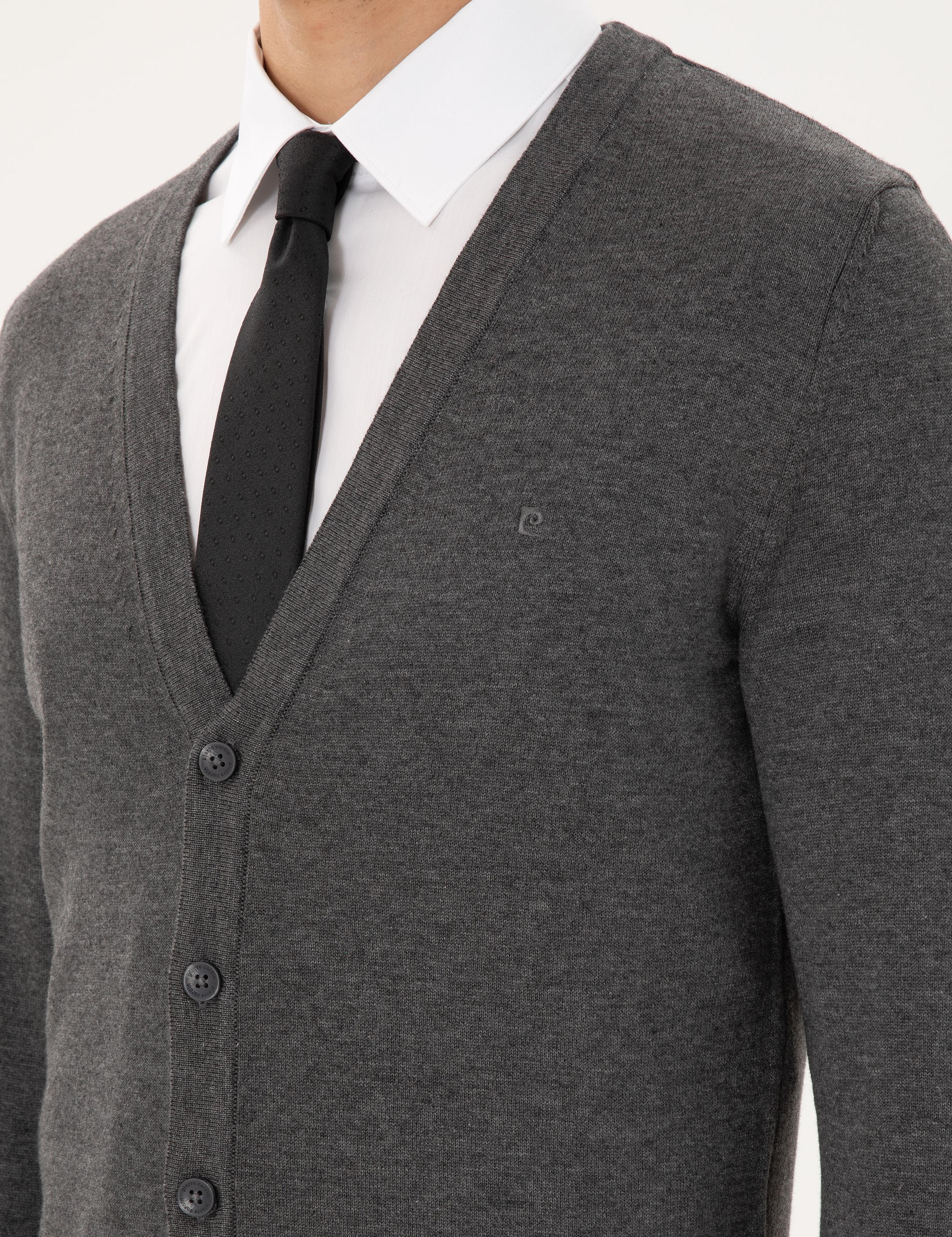 Gri Melanj Slim Fit Basic Düğmeli Triko Hırka