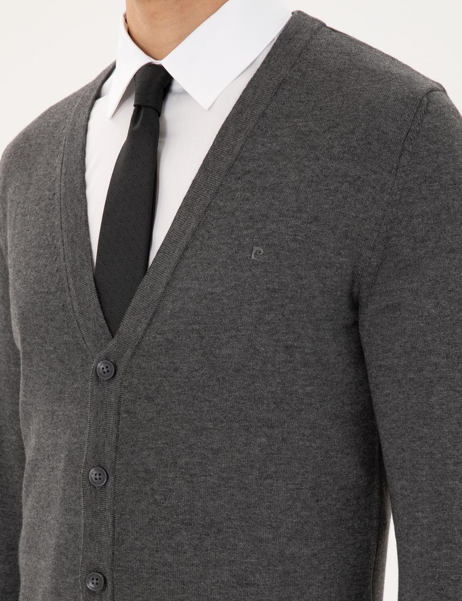 Gri Melanj Slim Fit Basic Düğmeli Triko Hırka