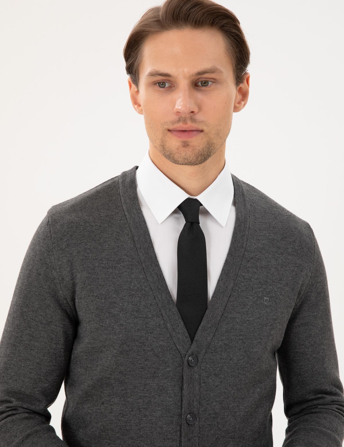 Gri Melanj Slim Fit Basic Düğmeli Triko Hırka - 50300523028