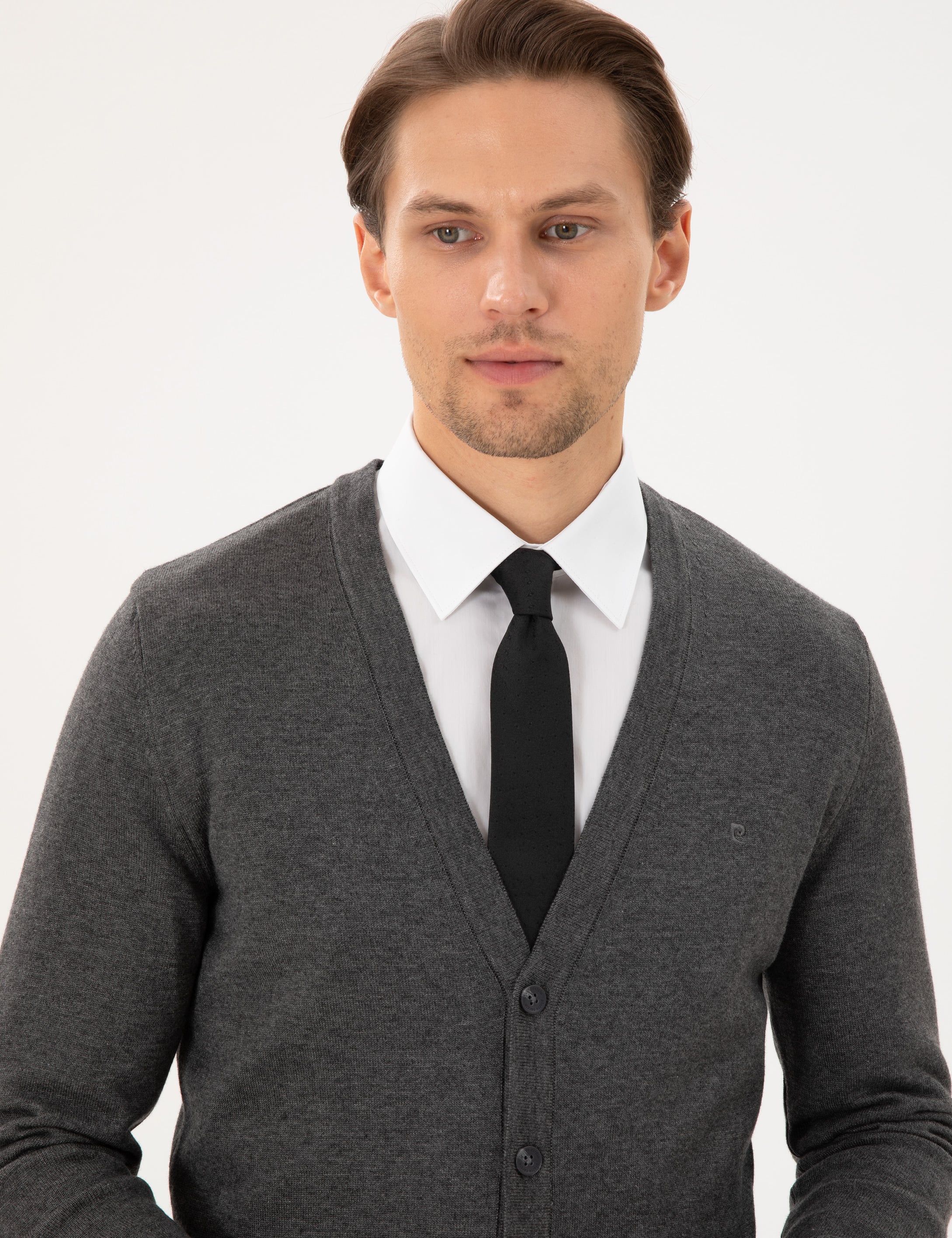 Gri Melanj Slim Fit Basic Düğmeli Triko Hırka