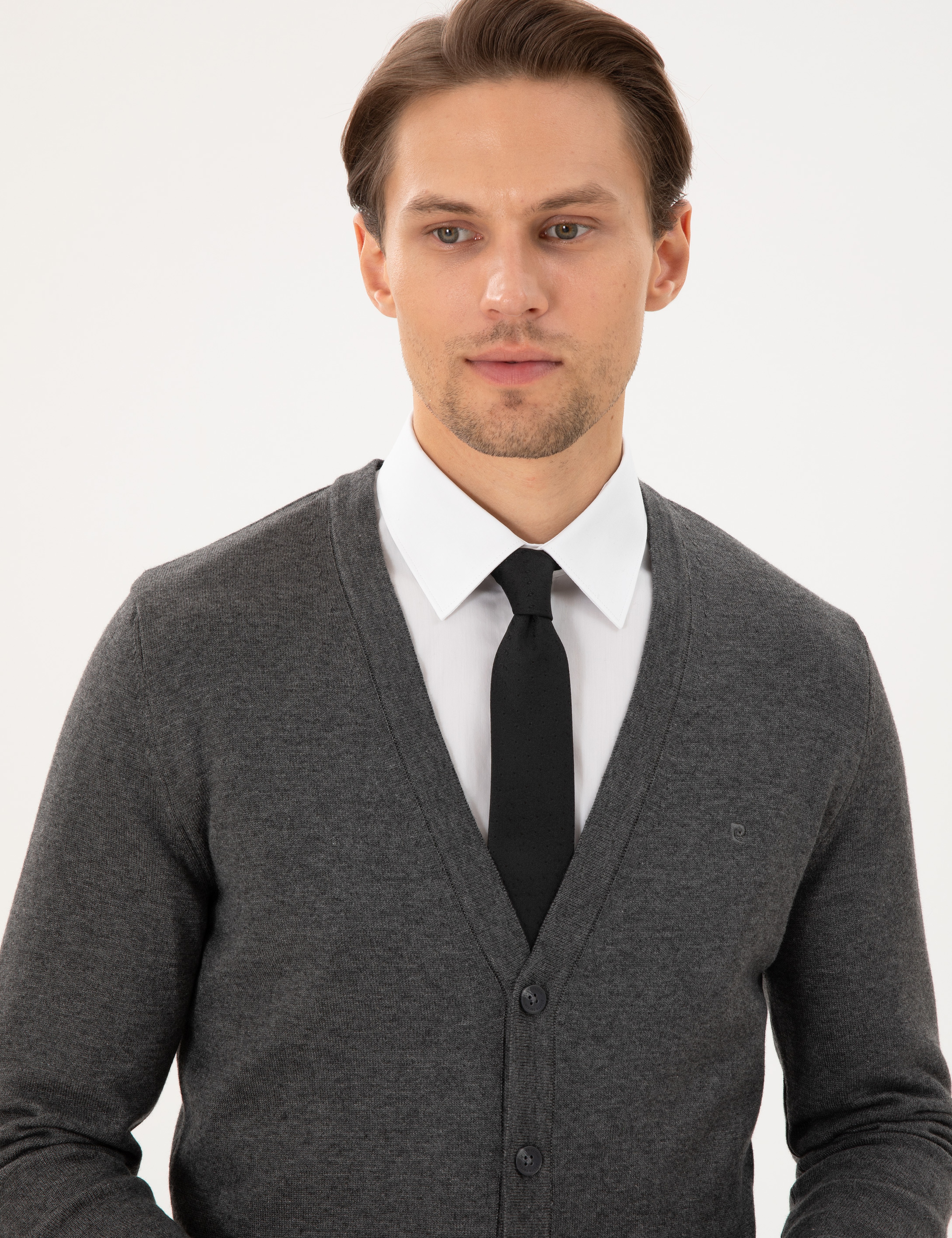 Gri Melanj Slim Fit Basic Düğmeli Triko Hırka - Image 2