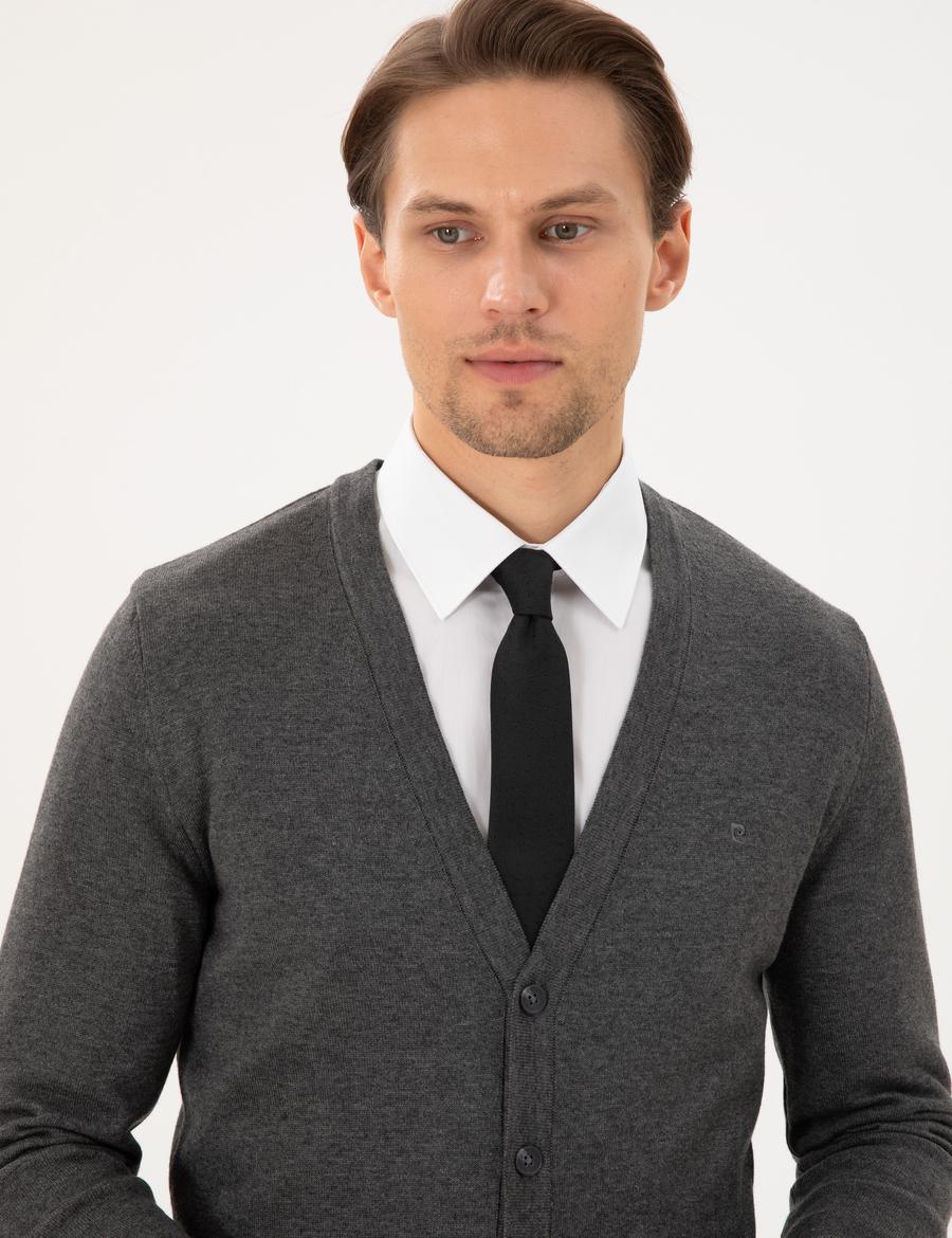 Gri Melanj Slim Fit Basic Düğmeli Triko Hırka