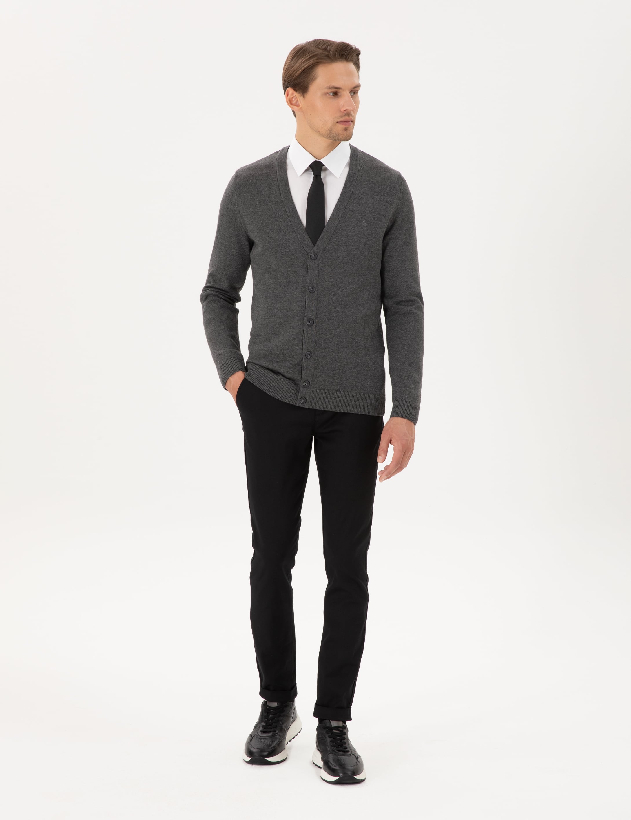 Gri Melanj Slim Fit Basic Düğmeli Triko Hırka