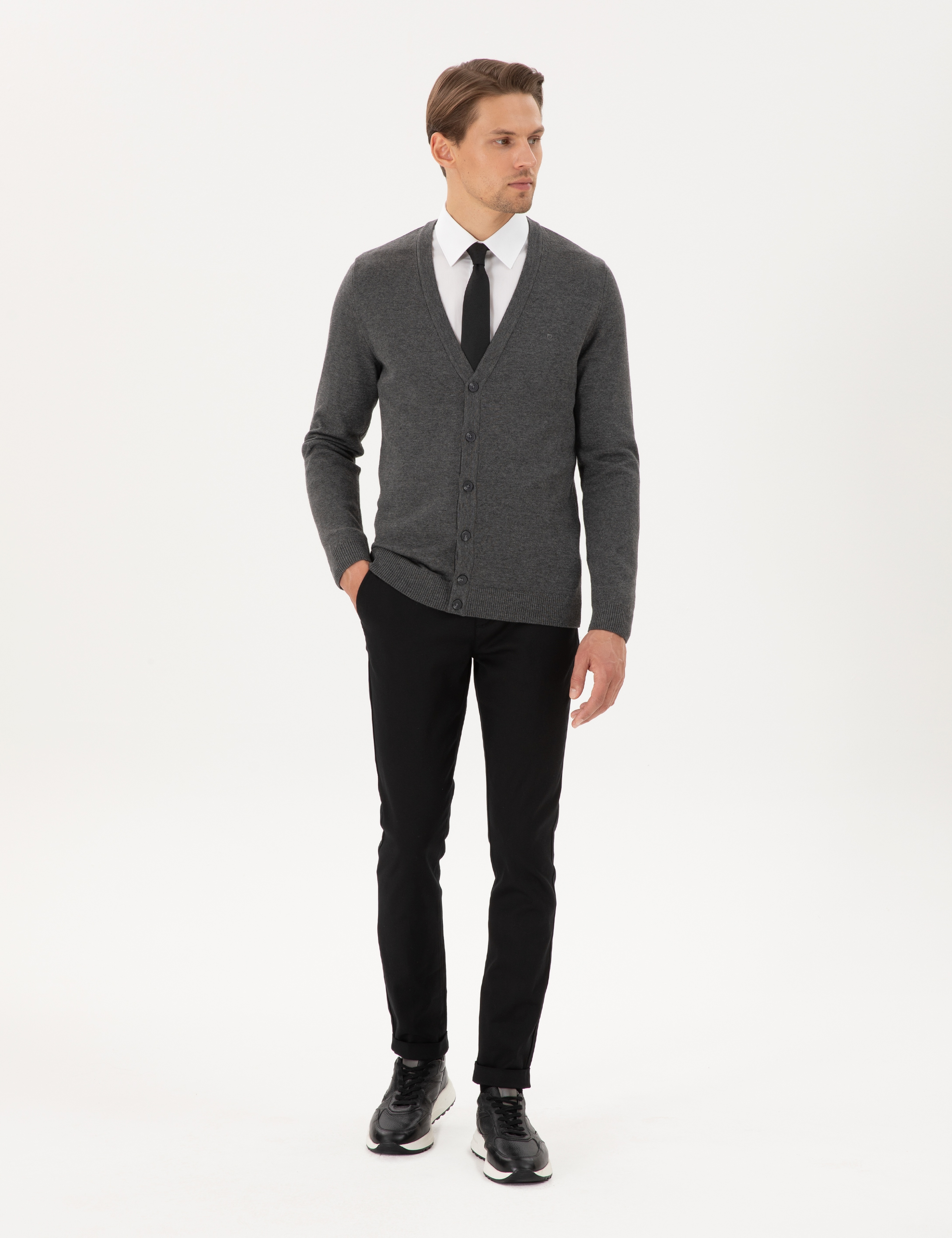 Gri Melanj Slim Fit Basic Düğmeli Triko Hırka - Image 4