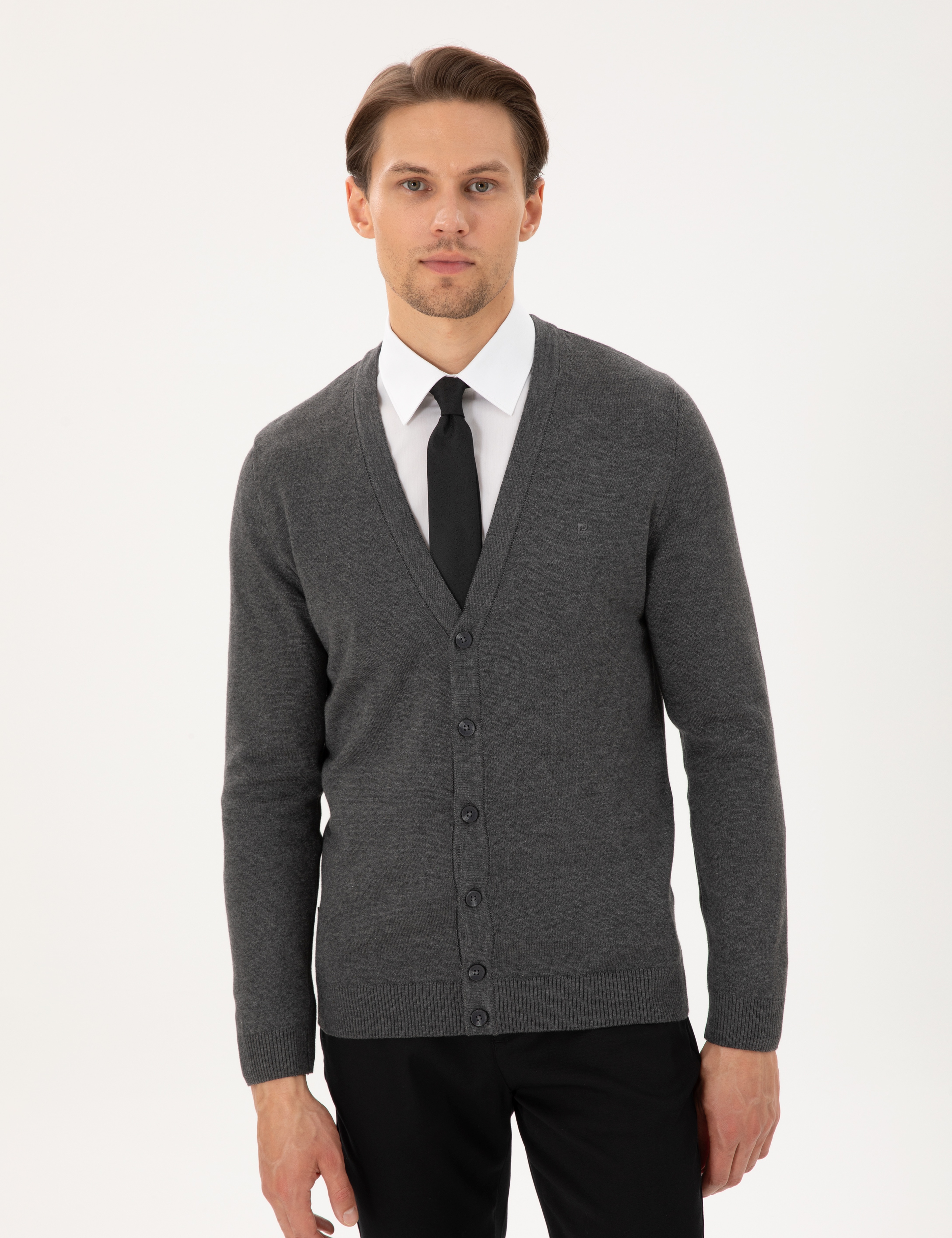 Gri Melanj Slim Fit Basic Düğmeli Triko Hırka