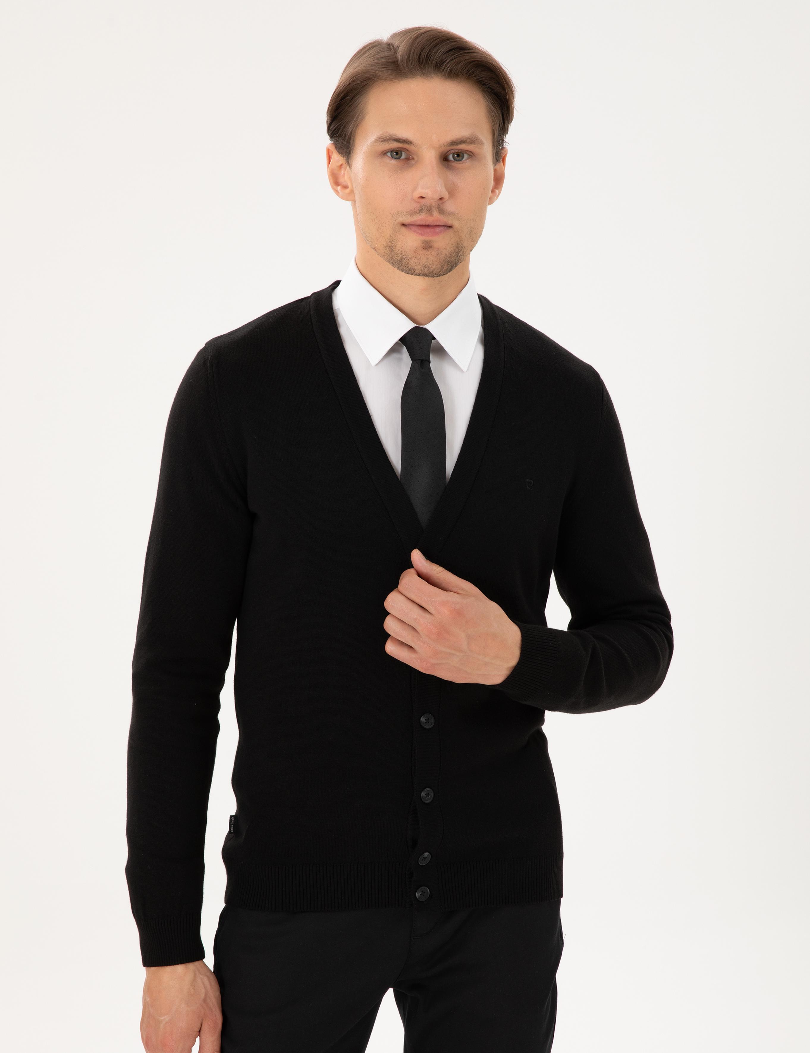 Siyah Slim Fit Basic Düğmeli Triko Hırka