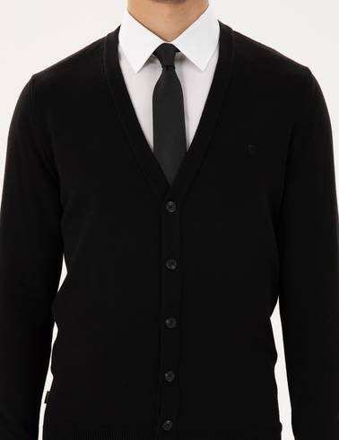 Siyah Slim Fit Basic Düğmeli Triko Hırka
