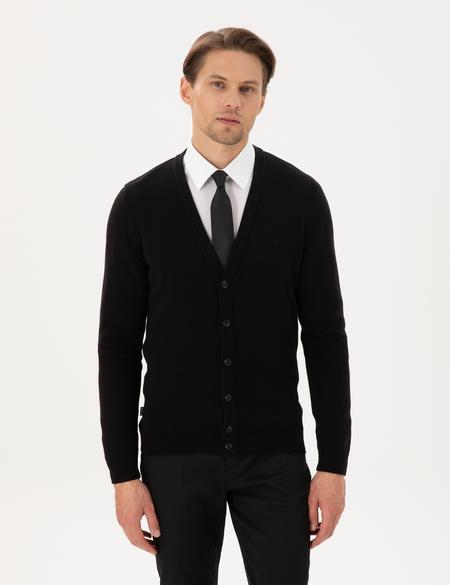 Siyah Slim Fit Basic Düğmeli Triko Hırka - 50300523016