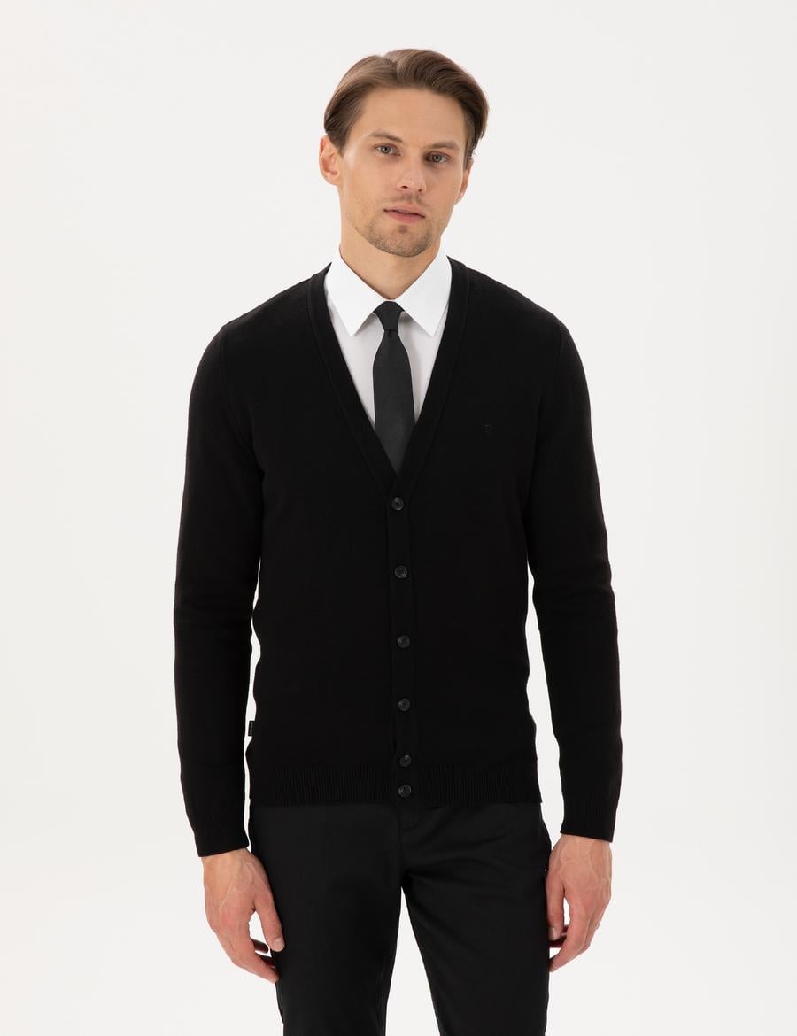 Siyah Slim Fit Basic Düğmeli Triko Hırka