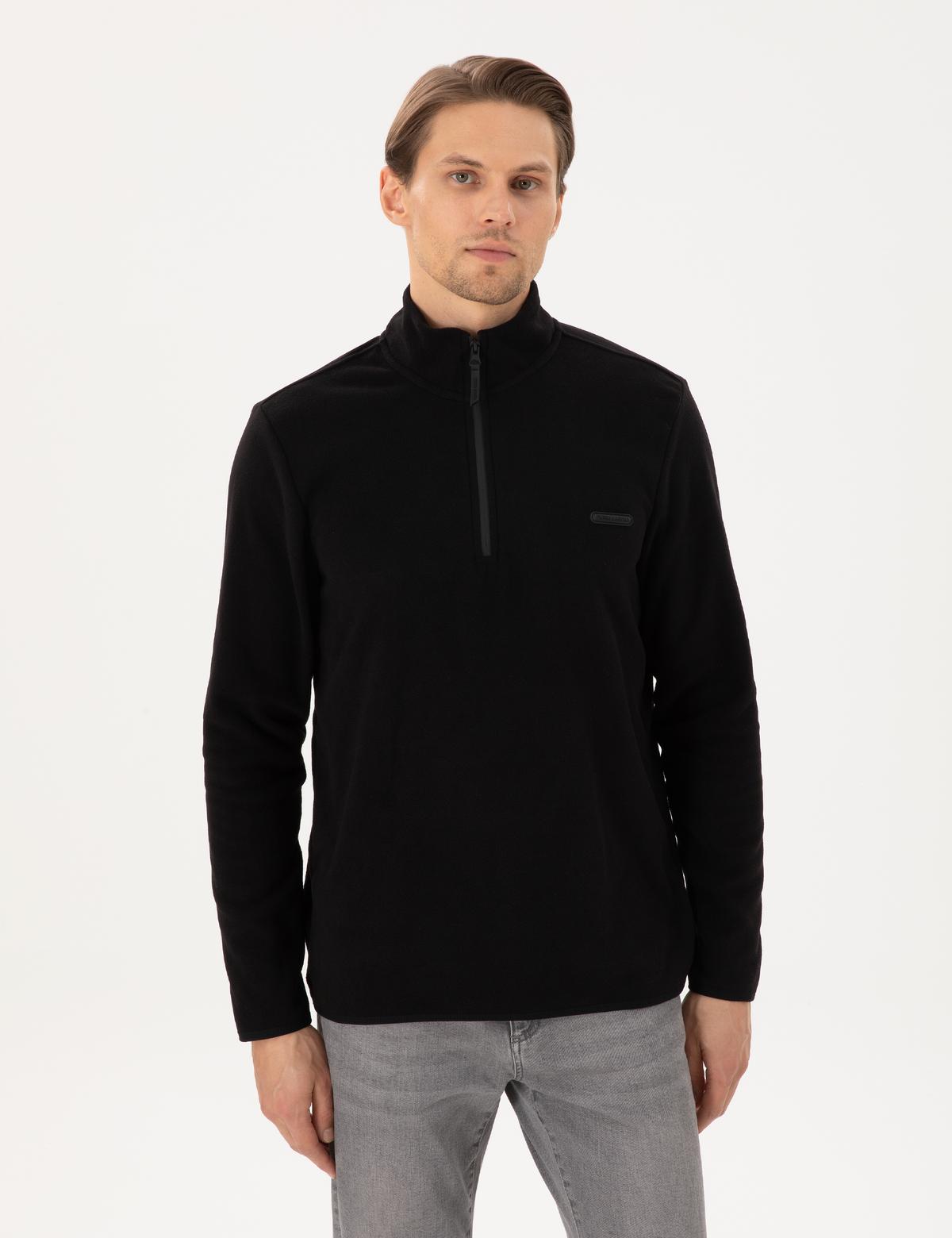 Siyah Regular Fit Yarım Fermuarlı Polar Sweatshirt