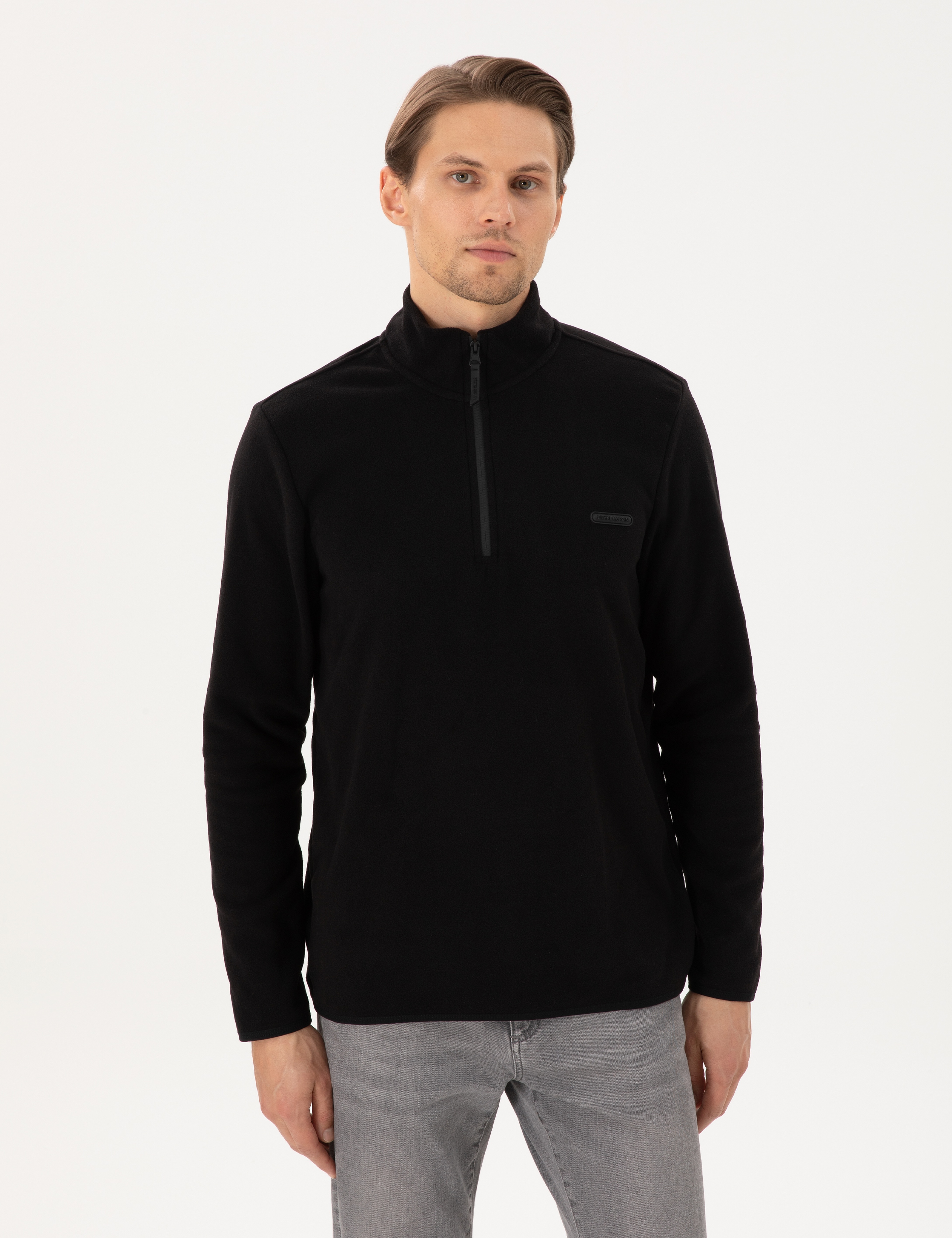 Siyah Regular Fit Yarım Fermuarlı Polar Sweatshirt - Image 1