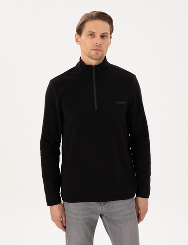 Siyah Regular Fit Yarım Fermuarlı Polar Sweatshirt